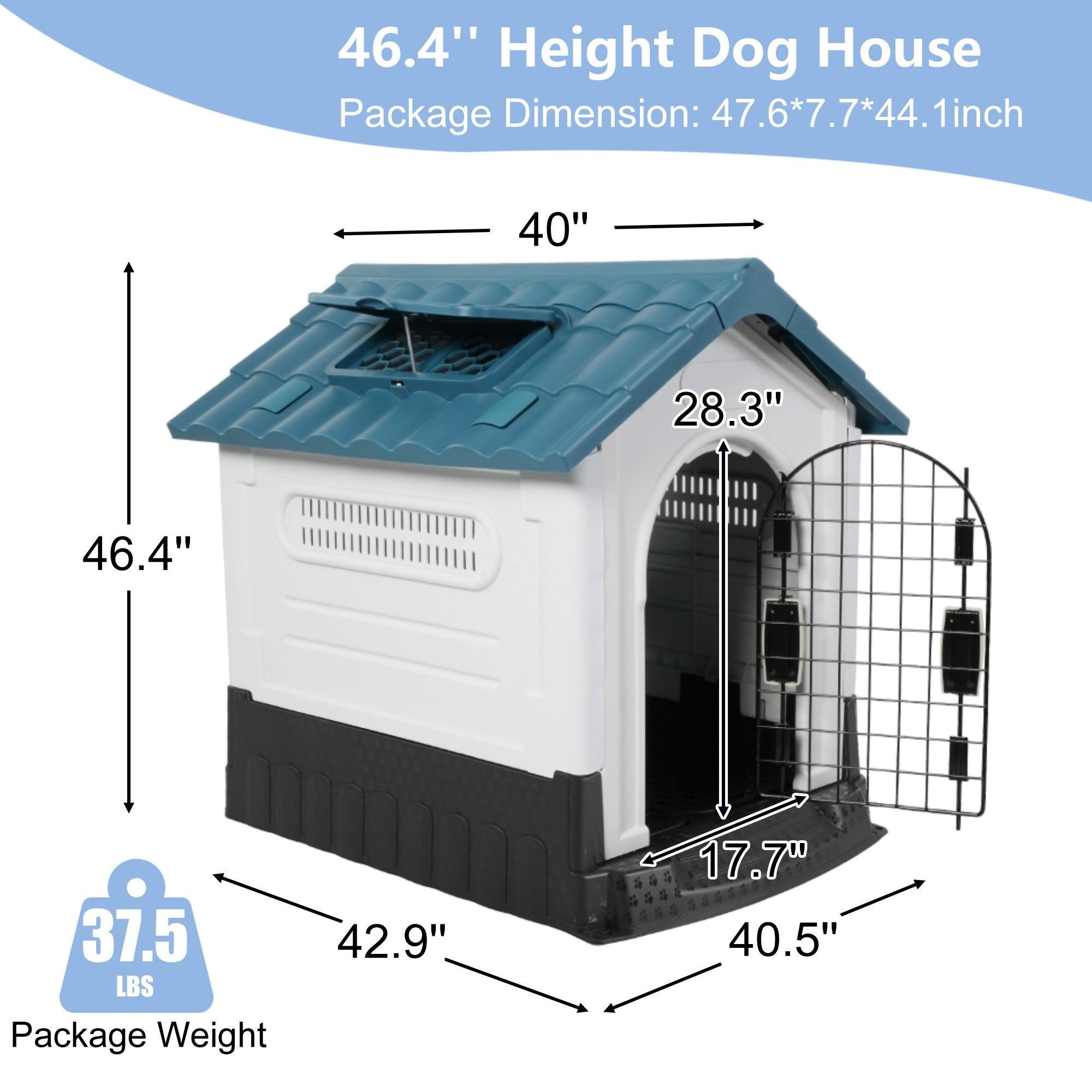 Outdoor Large Dog House Plastic Waterproof Kennel with Air Vents, 42.9"L x 40.5"W x 46.4"H, Blue Roof - Luckyermore