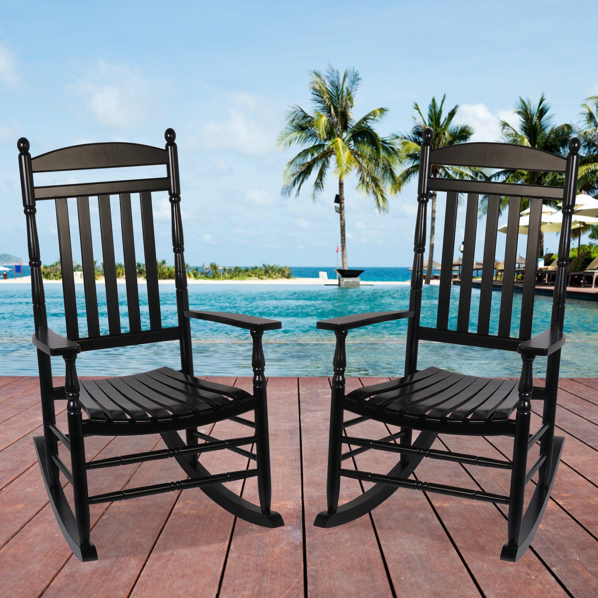 LUCKYERMORE Set of 2 Outdoor Rocking Chairs Wooden High Back Rocker with Armrest for Garden Patio, Black