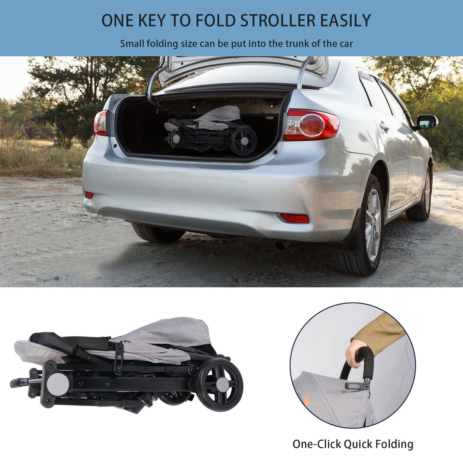 Lightweight Foldable Baby Stroller One-Hand Fold Pushchair with Adjustable Backrest, Gray - Luckyermore