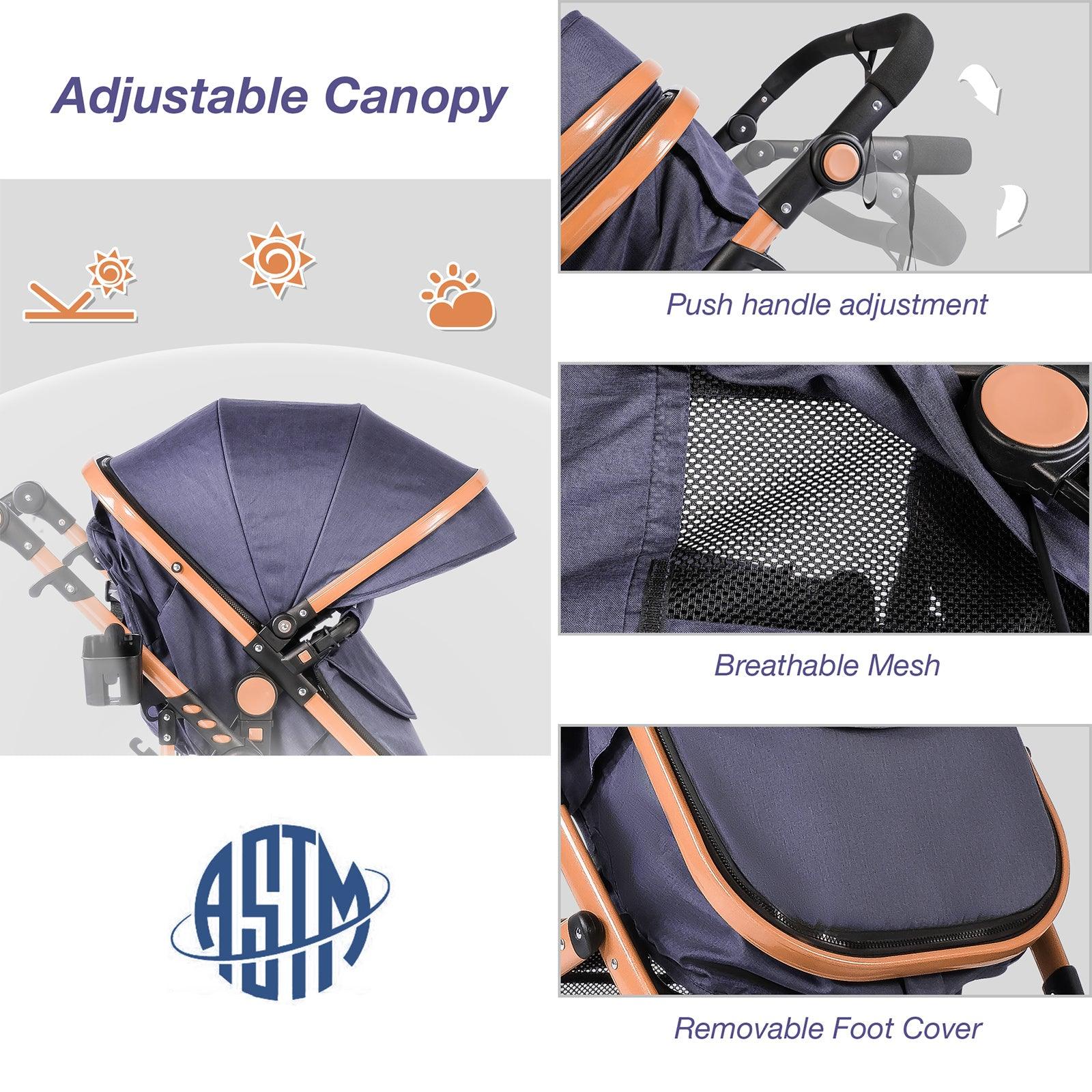 2 in 1 Baby Stroller Newborn Reversible Bassinet Pram Foldable Pushchair with Adjustable Canopy, Navy Blue - Luckyermore