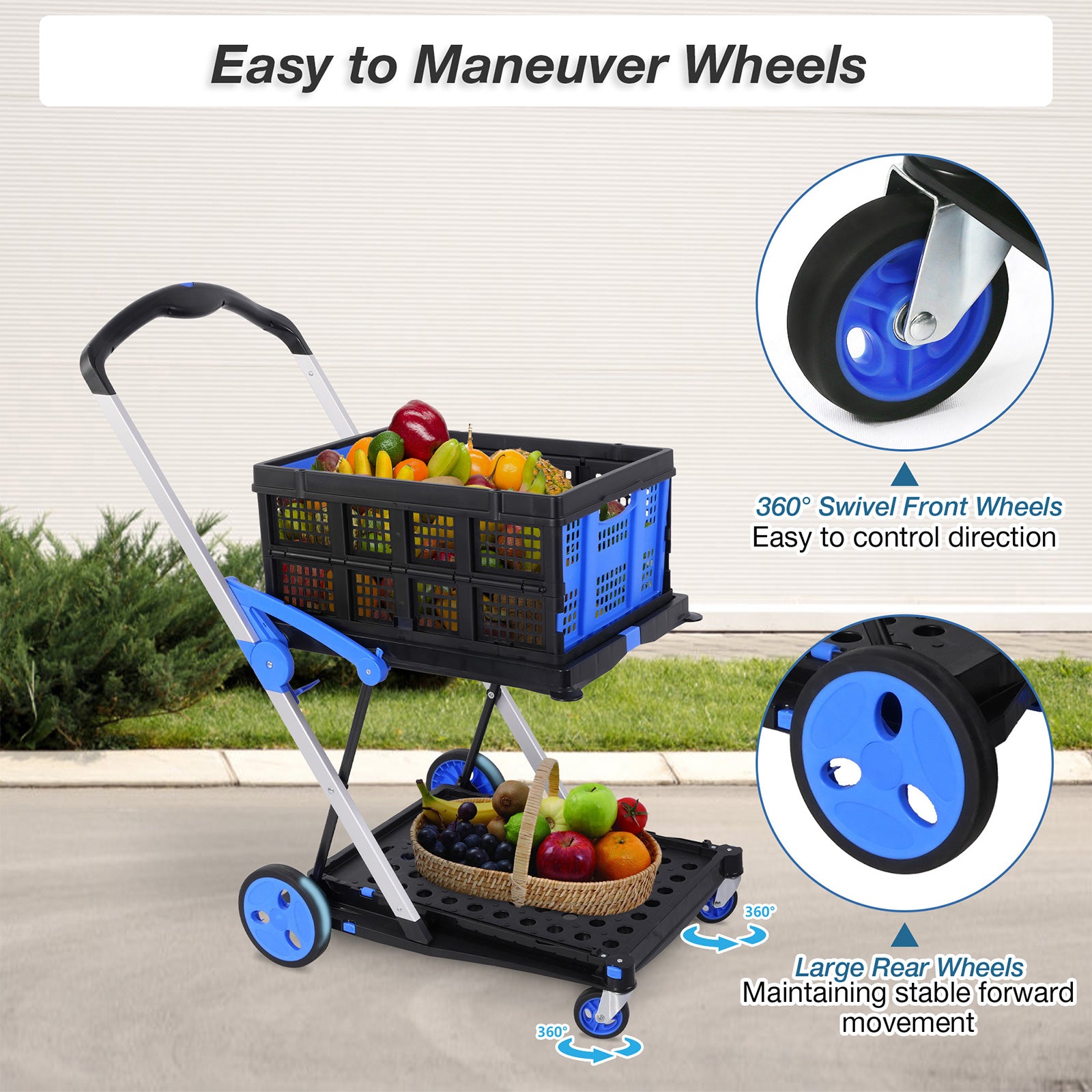 2-Tier Multi-Functional Collapsible Carts Foldable Trolley with Storage Crate Rolling Swivel Wheels