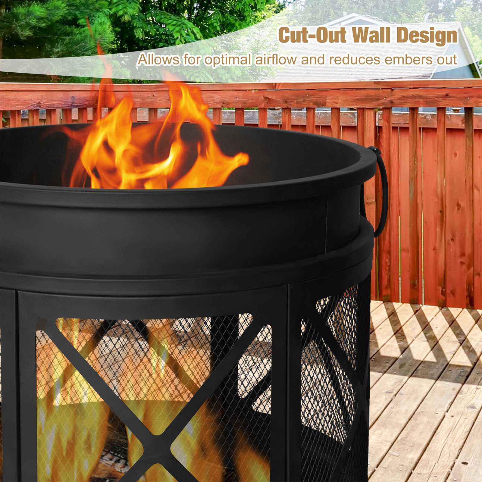 23.2" Barrel Outdoor Wood Burning Fire Pit Patio Fireplace with Spark Screen and Poker