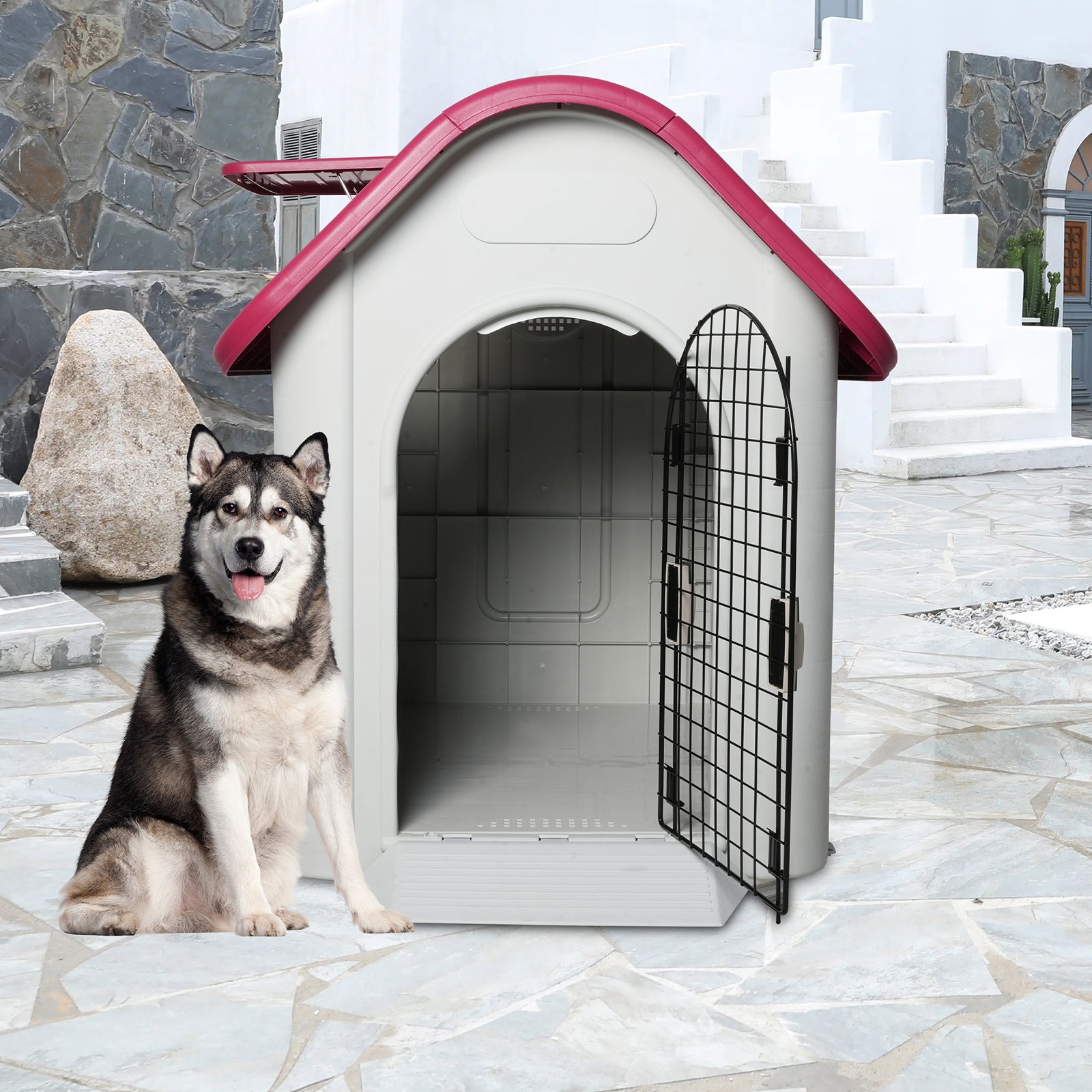 Outdoor Dog House Plastic Waterproof Kennel with Air Vents, 42"L x 33"W x 38"H, Red Roof