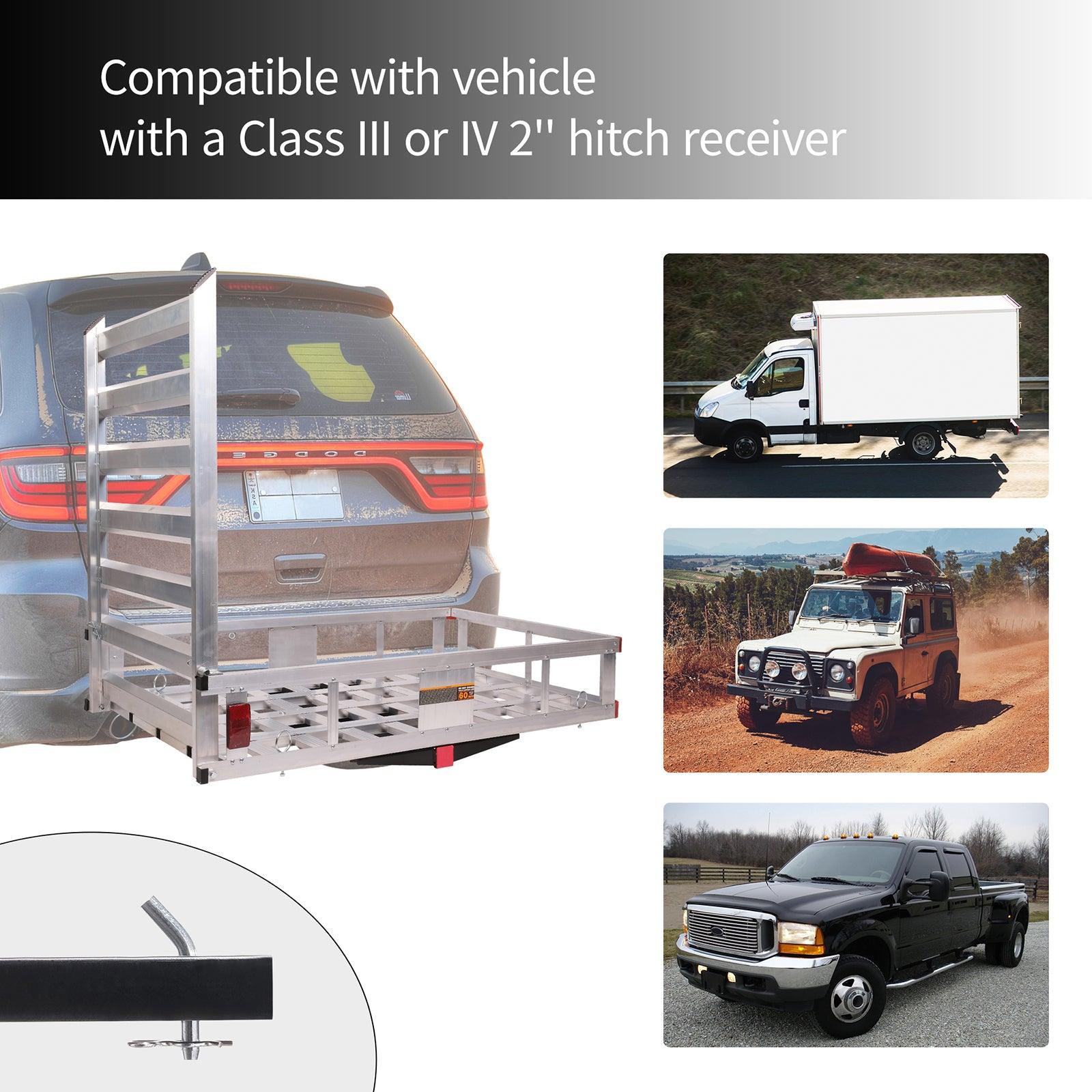LUCKYERMORE 50"x 29.7" Hitch Mount Cargo Carrier Trailer Aluminum Utility Basket with 41.5" Folding Wheelchair Ramp, Silver