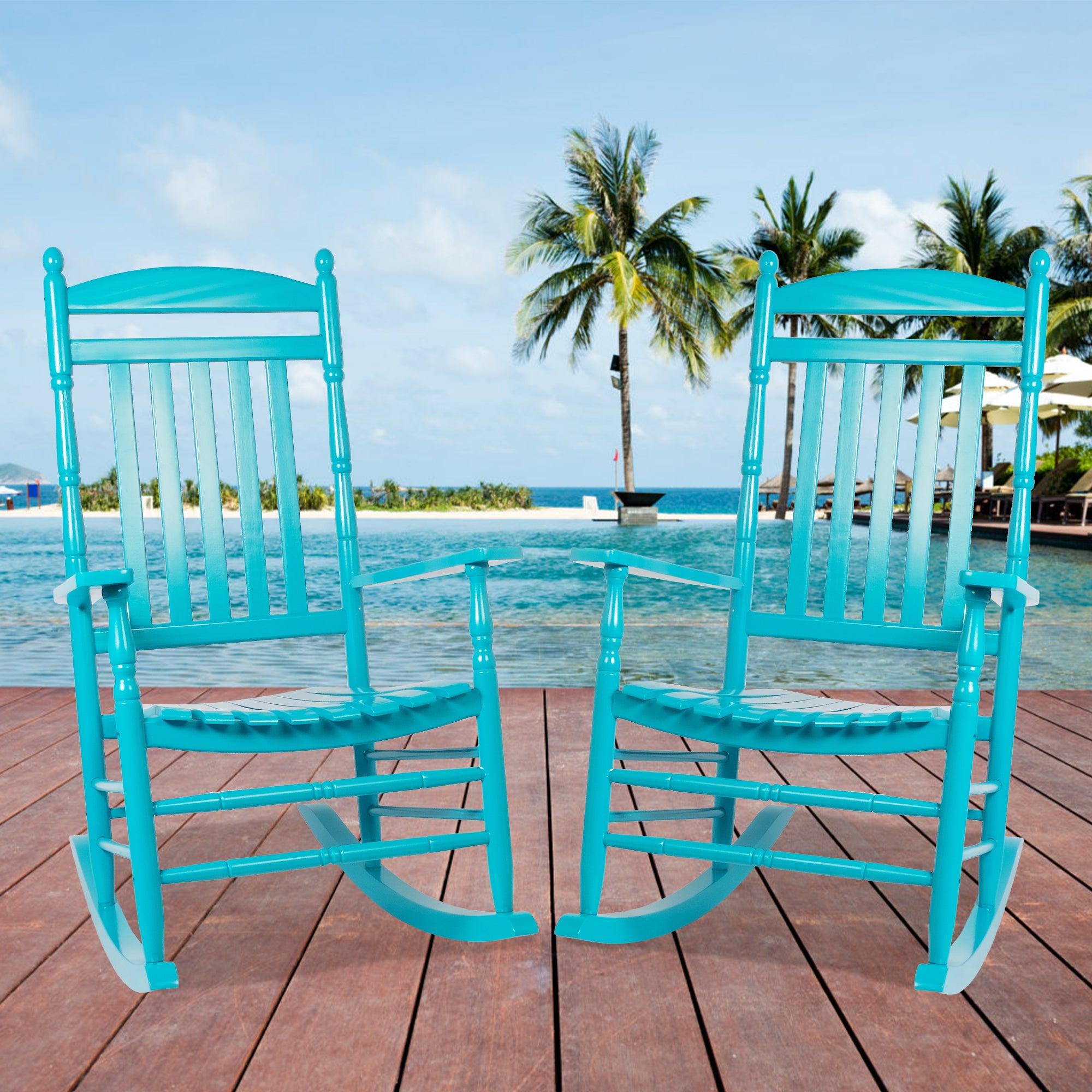 LUCKYERMORE Set of 2 Outdoor Rocking Chairs Wooden High Back Rocker with Armrest for Garden Patio, Blue