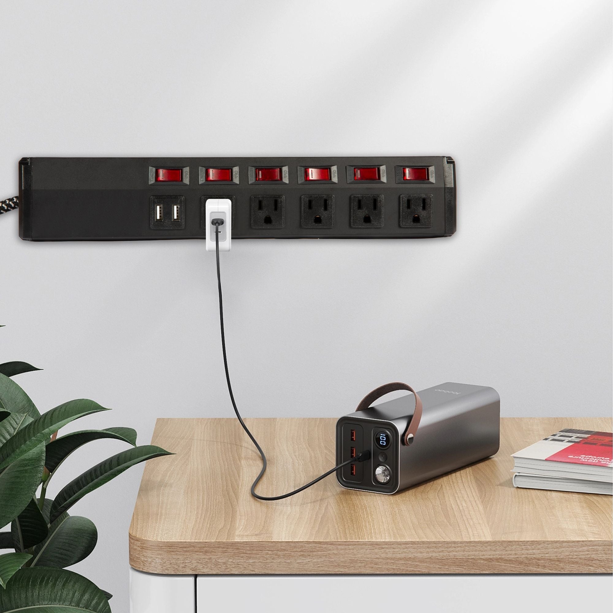Set of 2 Power Strip 5 Outlets 2 USB Ports 6 Switches with Surge Protector Wall Mount, Black - Luckyermore