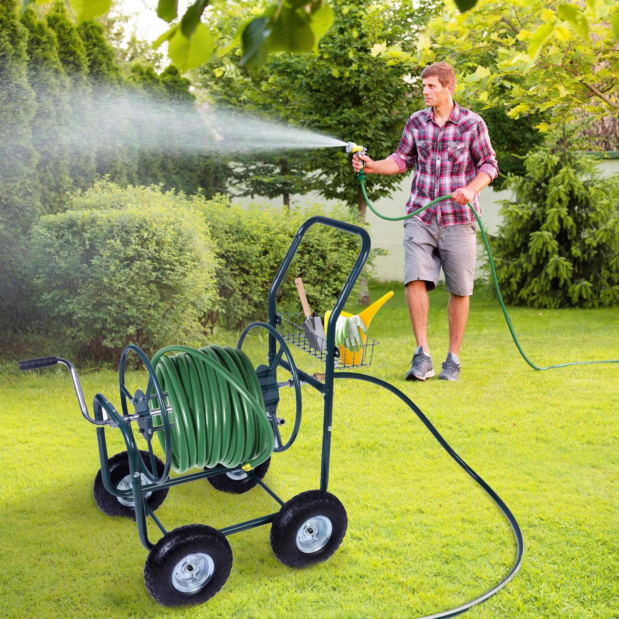 Portable Garden Hose Reel Cart with Wheels with Storage Basket Rust Resistant Water Hose Holder - Luckyermore