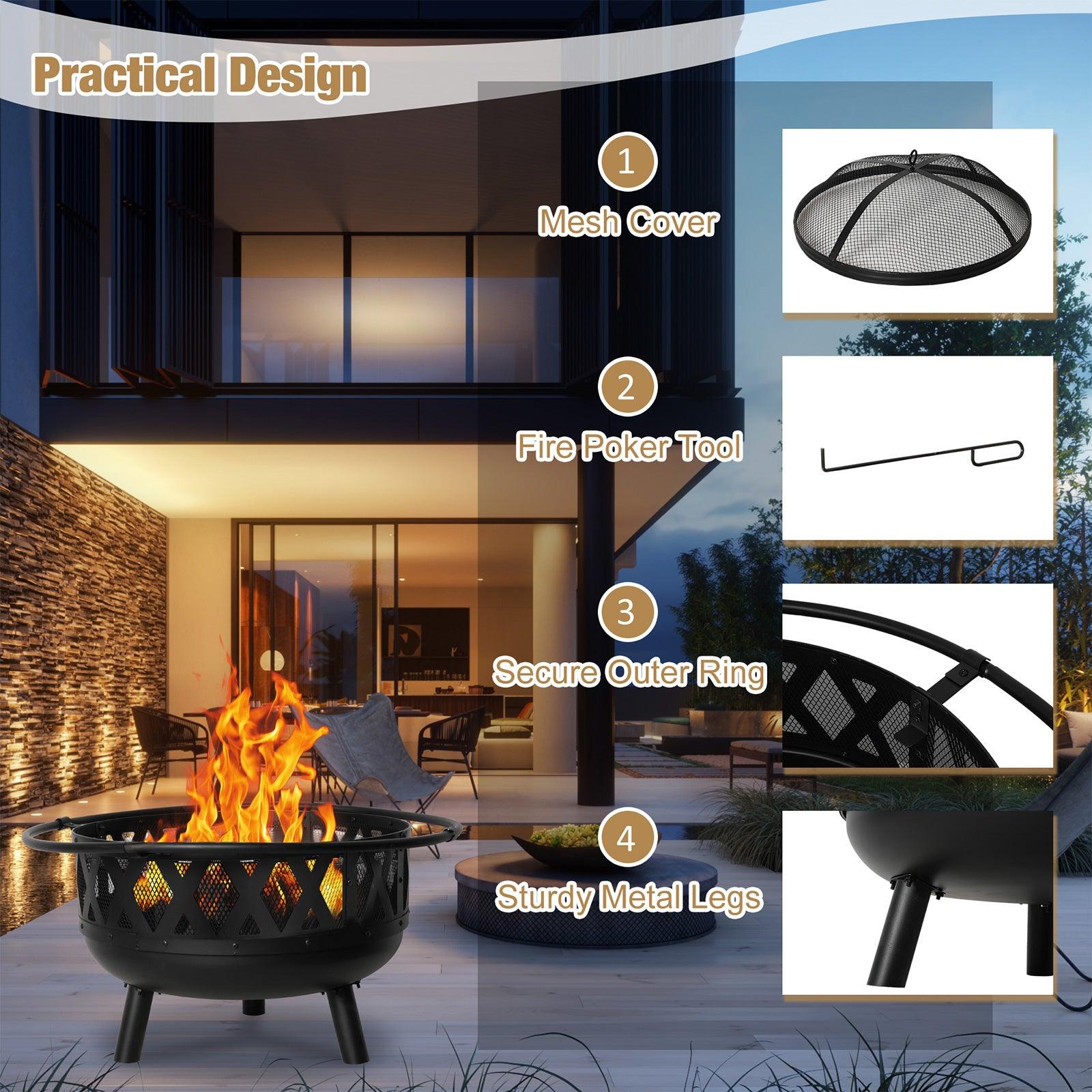 22.8" Round Outdoor Wood Burning Fire Pit with Steel BBQ Grill, Spark Screen and Poker