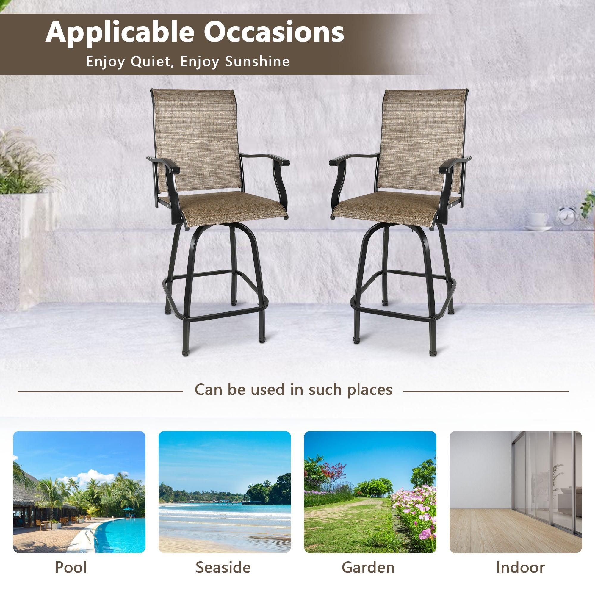 LUCKYERMORE Set of 2 Patio Swivel Bar Stools Outdoor Bar Height Patio Stools Bar Chairs with High Back and Armrest