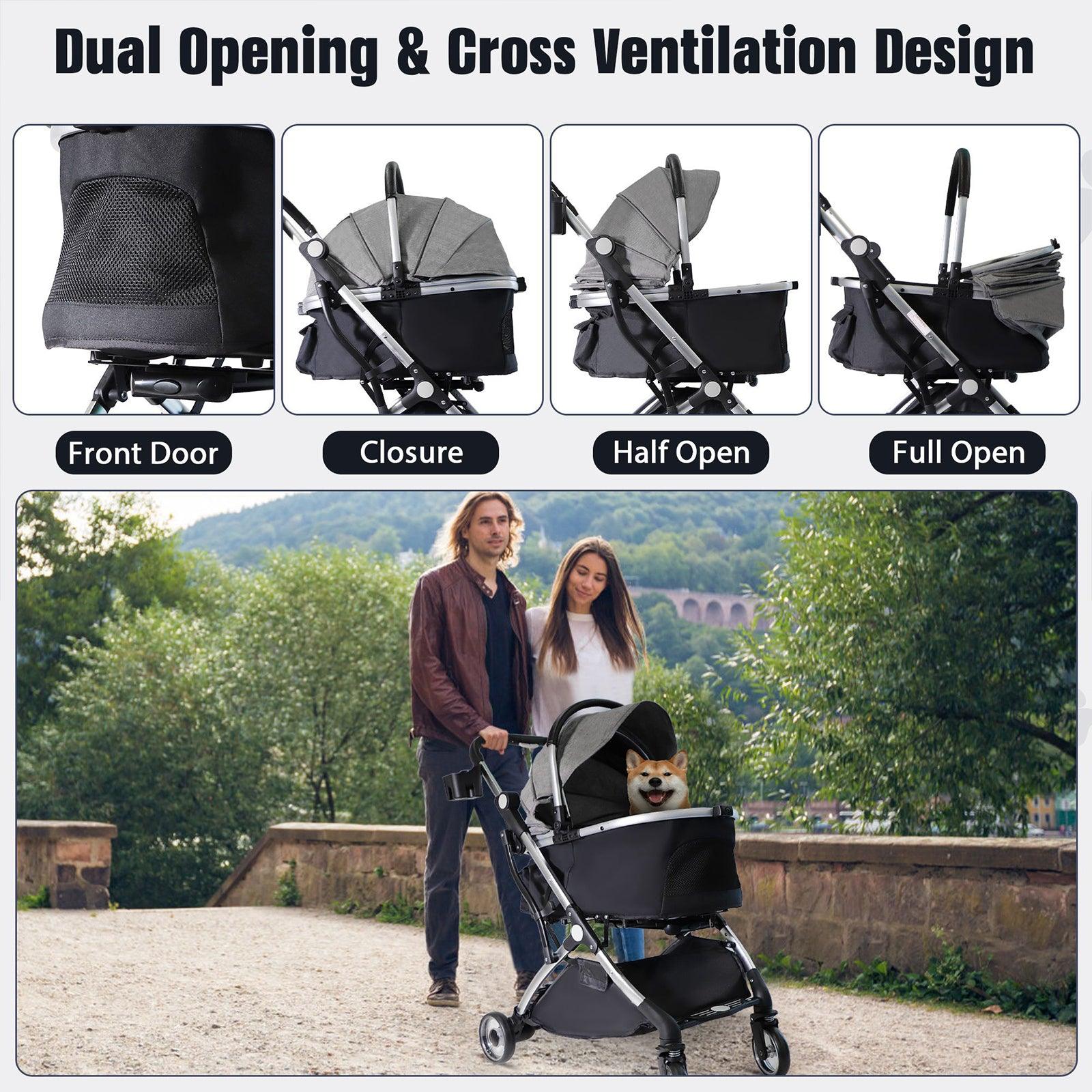 3 in 1 Travel Dog Stroller Pet Carrier with Detachable Carrier & Adjustable Handle, Gray