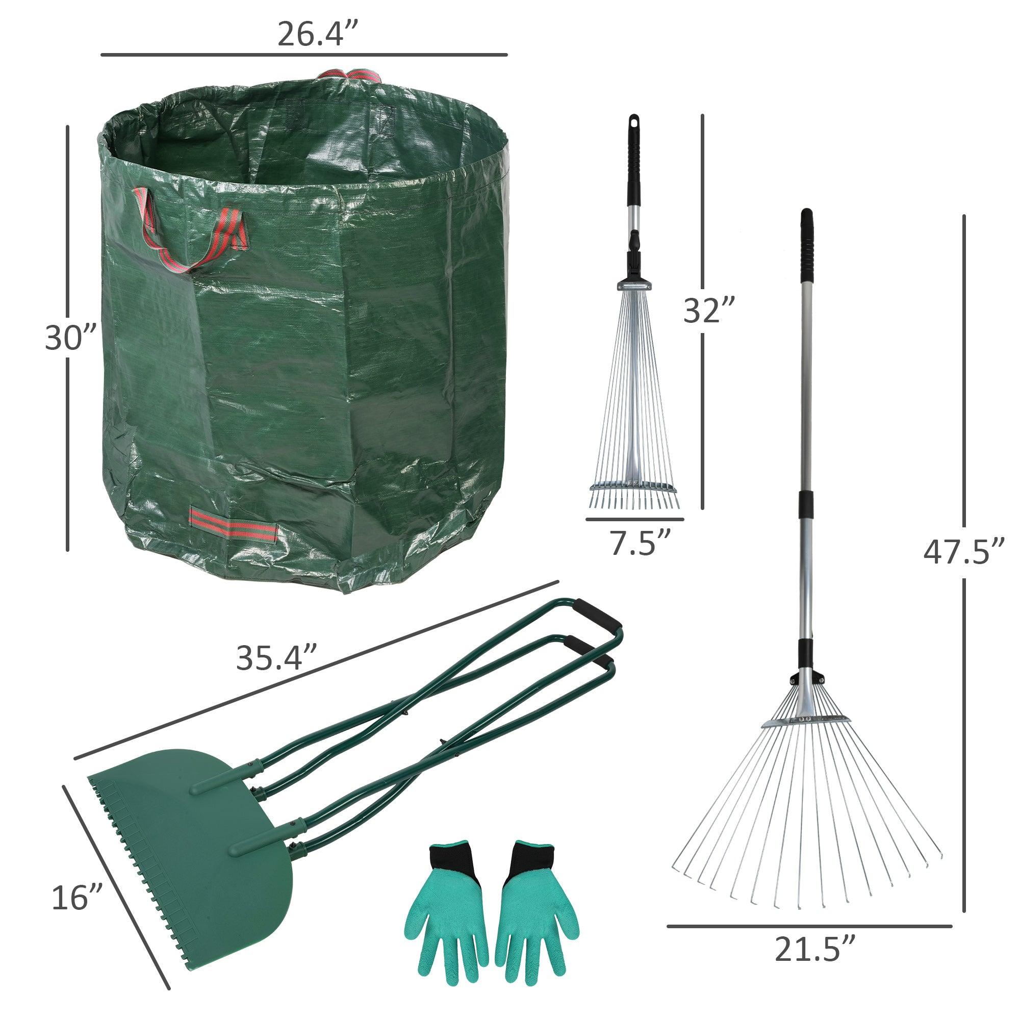 Metal Leaf Rake Set, Comes with Large Leaf Scoop, 2 Garden Bags, 1 Pair of Work Gloves, Leaf Clean-Up Tool - Luckyermore