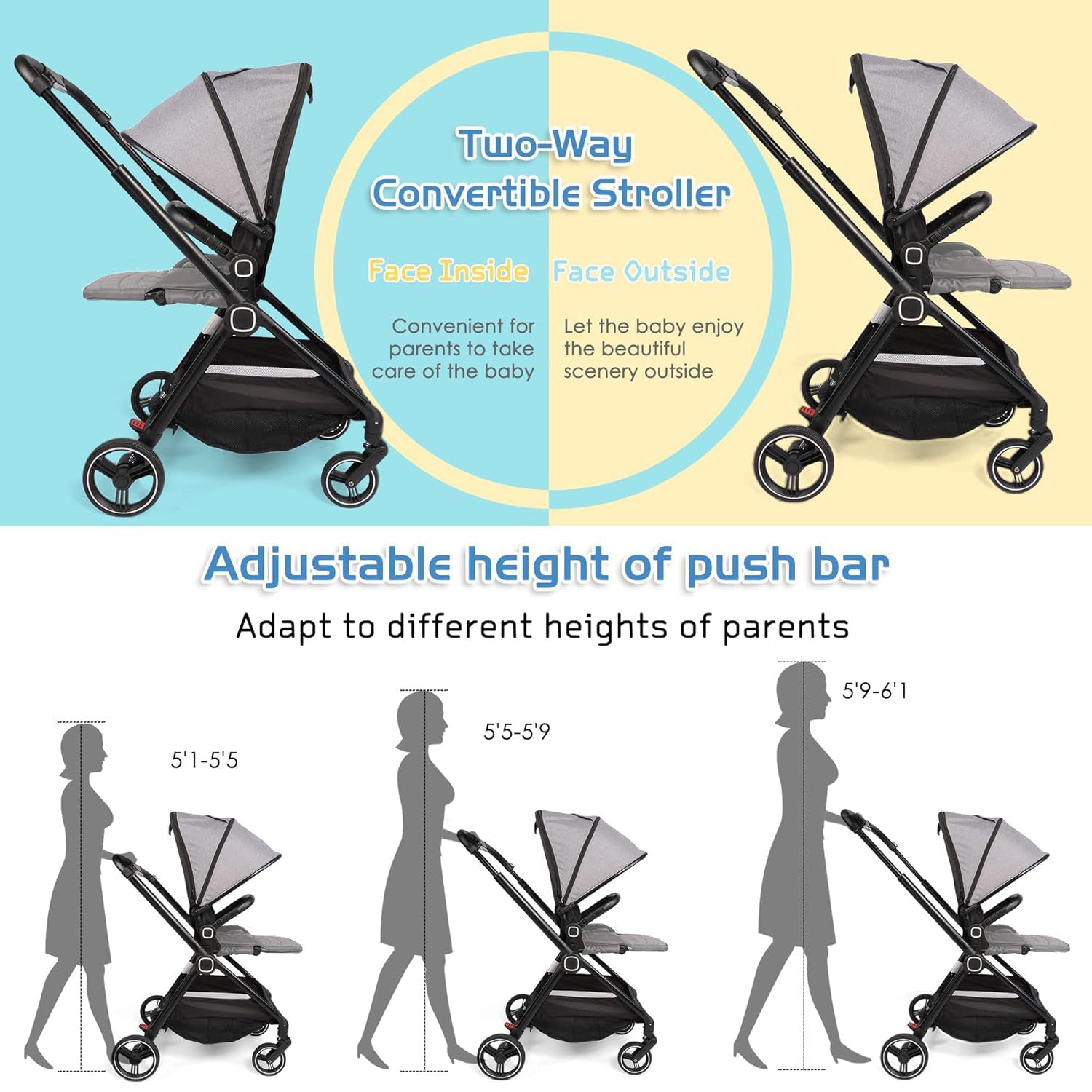 Easy Fold Baby Stroller Lightweight High Landscape Infant Pushchair with Reversible Seat, Gray