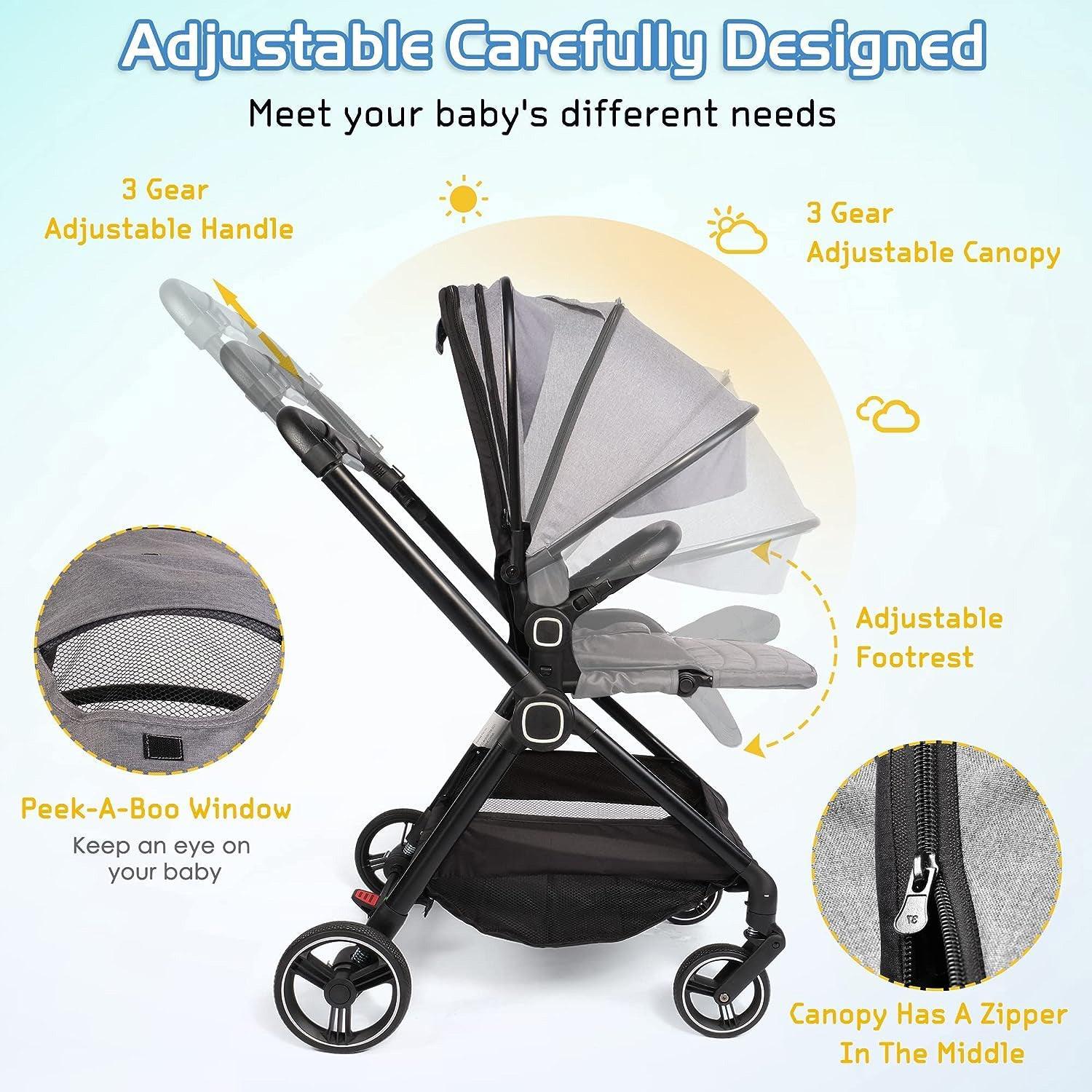 Easy Fold Baby Stroller Lightweight High Landscape Infant Pushchair with Reversible Seat, Gray - Luckyermore