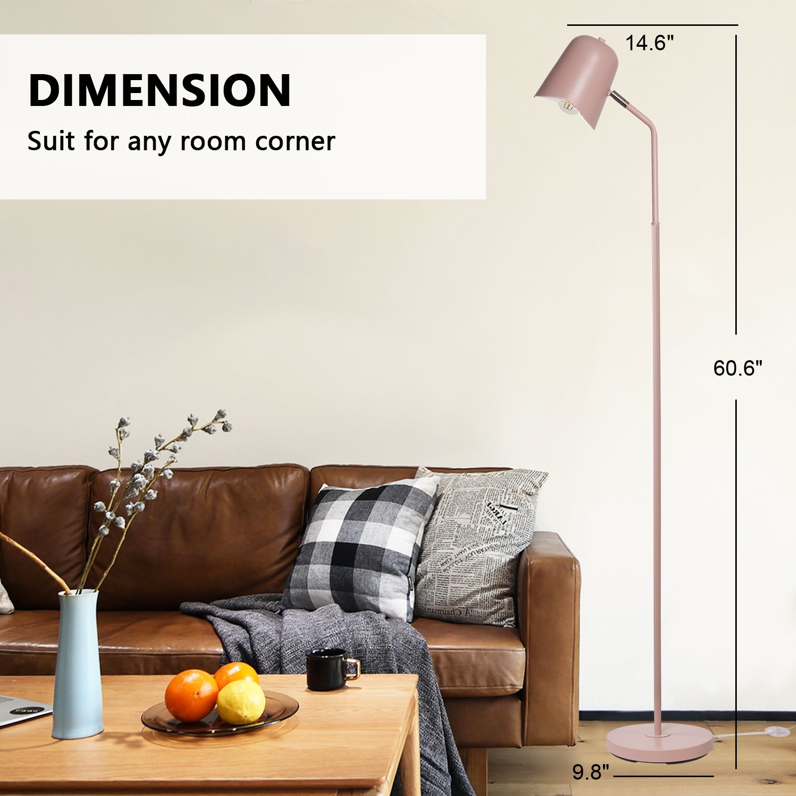 Modern Standing Floor Lamp with Adjustable Metal Shade Foot Switch Tall Stand Up Reading Lamp, Pink