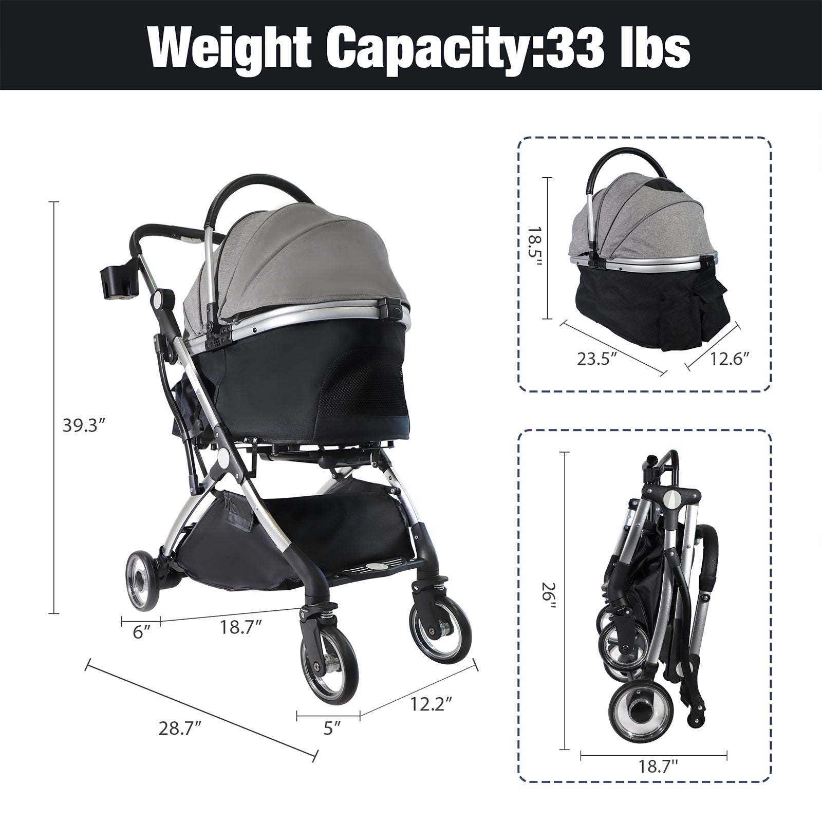 3 in 1 Travel Dog Stroller Pet Carrier with Detachable Carrier & Adjustable Handle, Gray