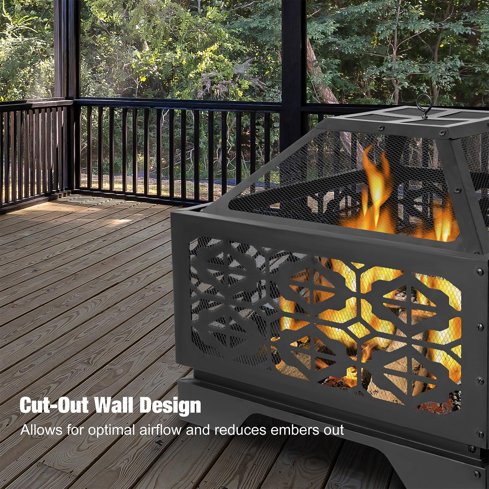 26" Square Outdoor Wood Burning Fire Pit with Steel BBQ Grill, Spark Screen and Poker