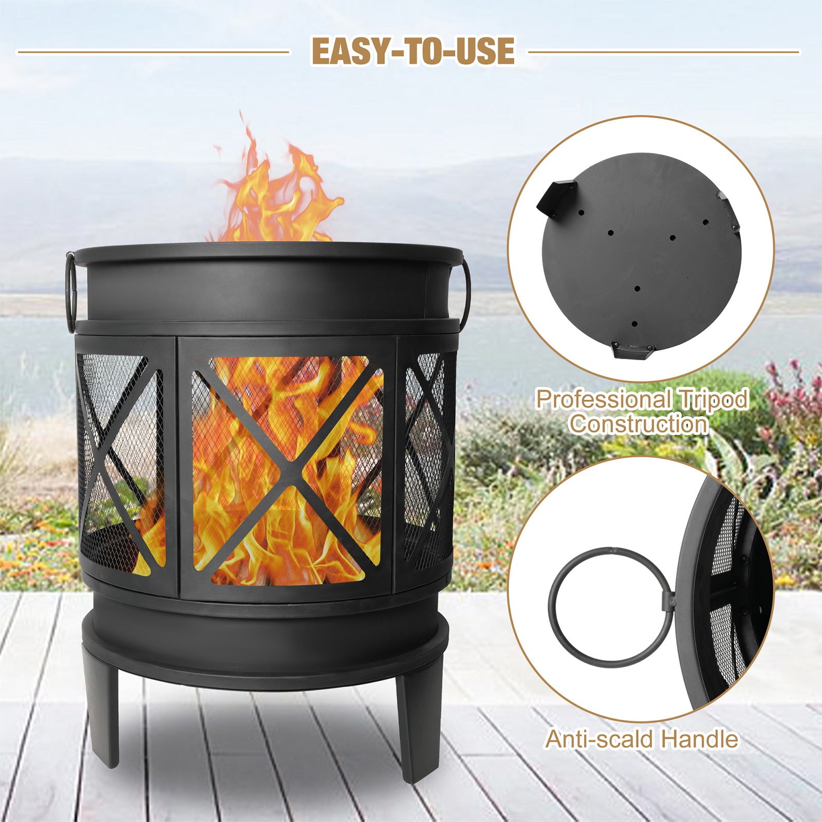 23.2" Barrel Outdoor Wood Burning Fire Pit Patio Fireplace with Spark Screen and Poker