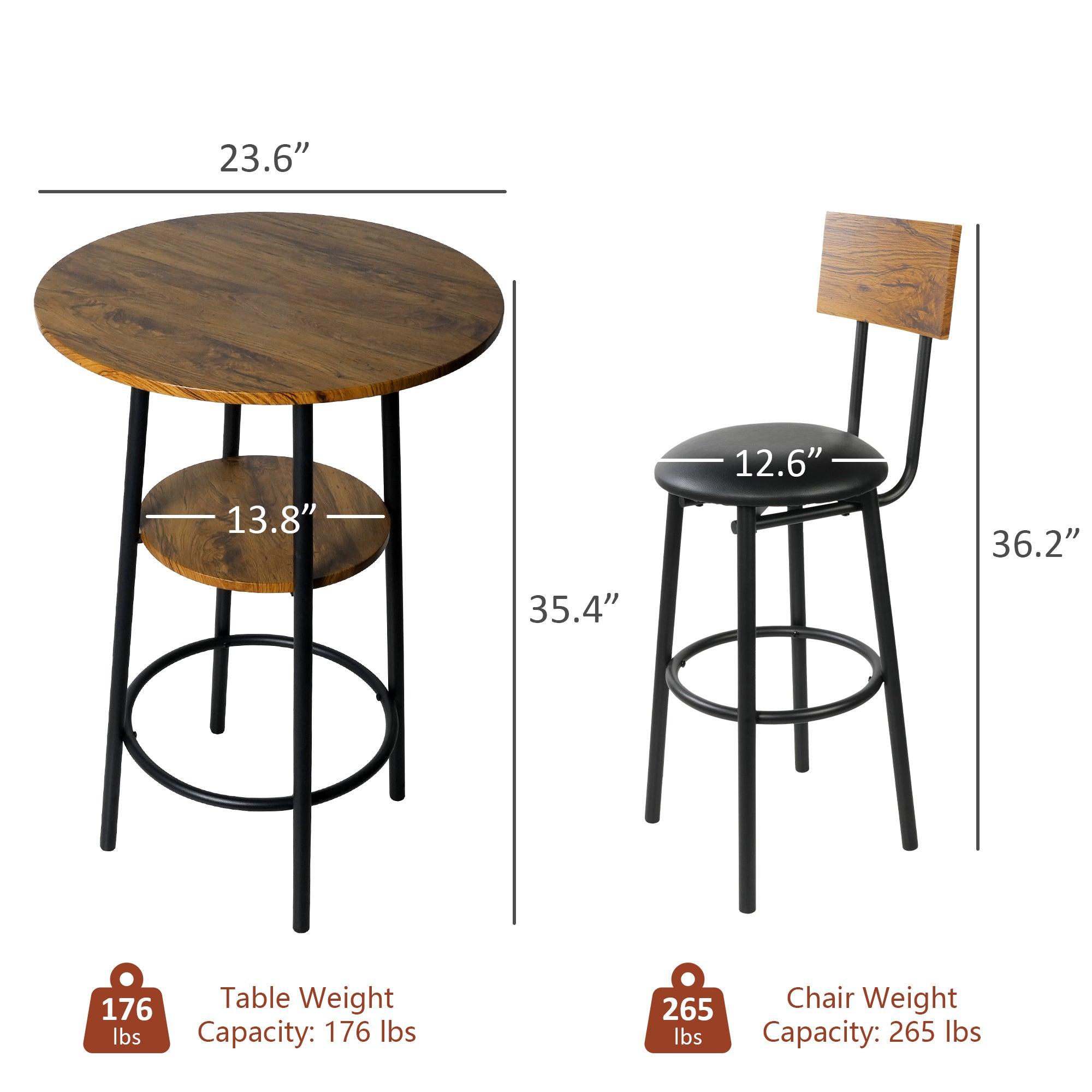 LUCKYERMORE Round Bar Table Set, 2-Tier Table 23.6" for 2 with 2 Upholstered Bar Stools with Backrest
