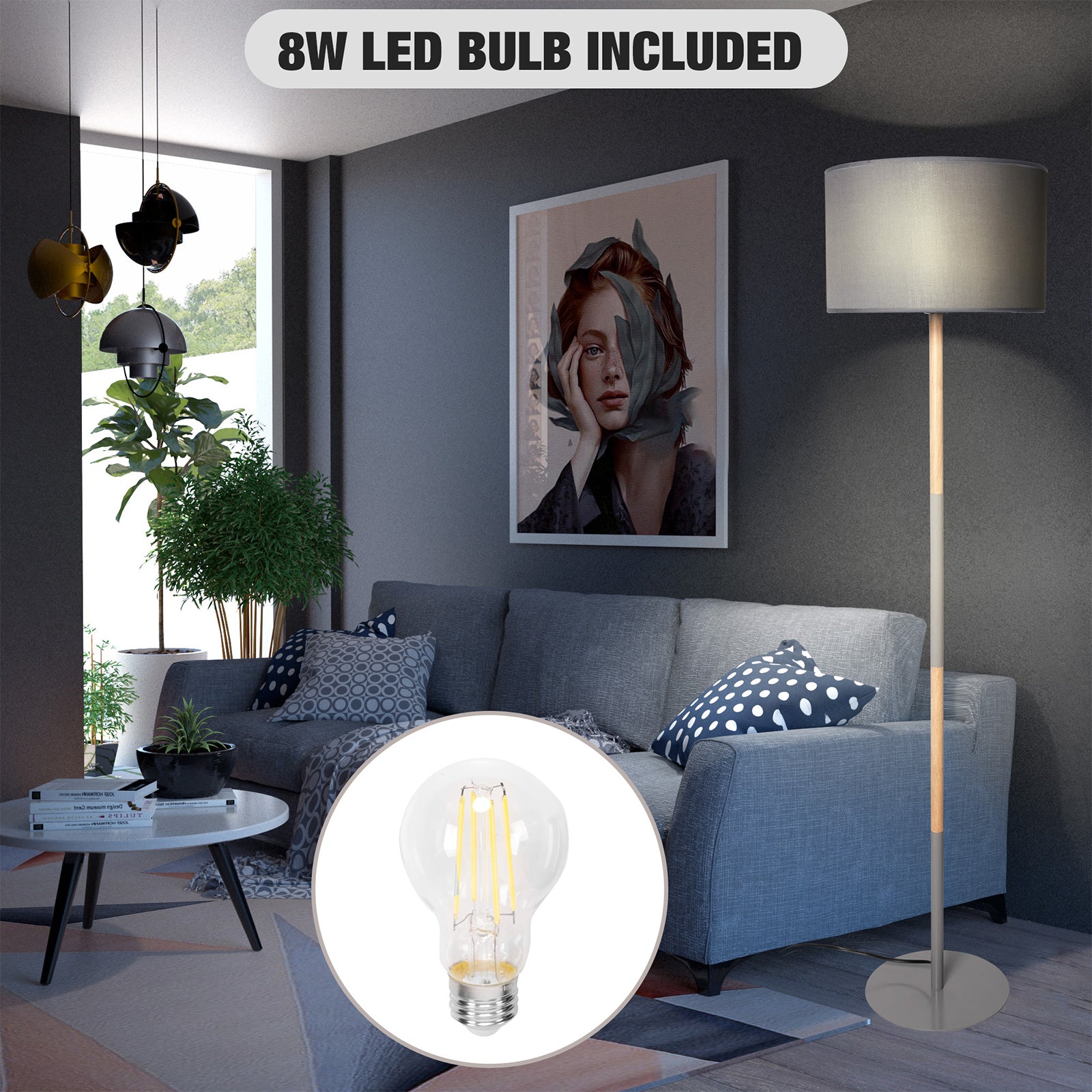 Standing Floor Lamp with 8W LED Bulb Foot Switch Fabric Lamp Shade Tall Stand Up Floor Lamp, Gray