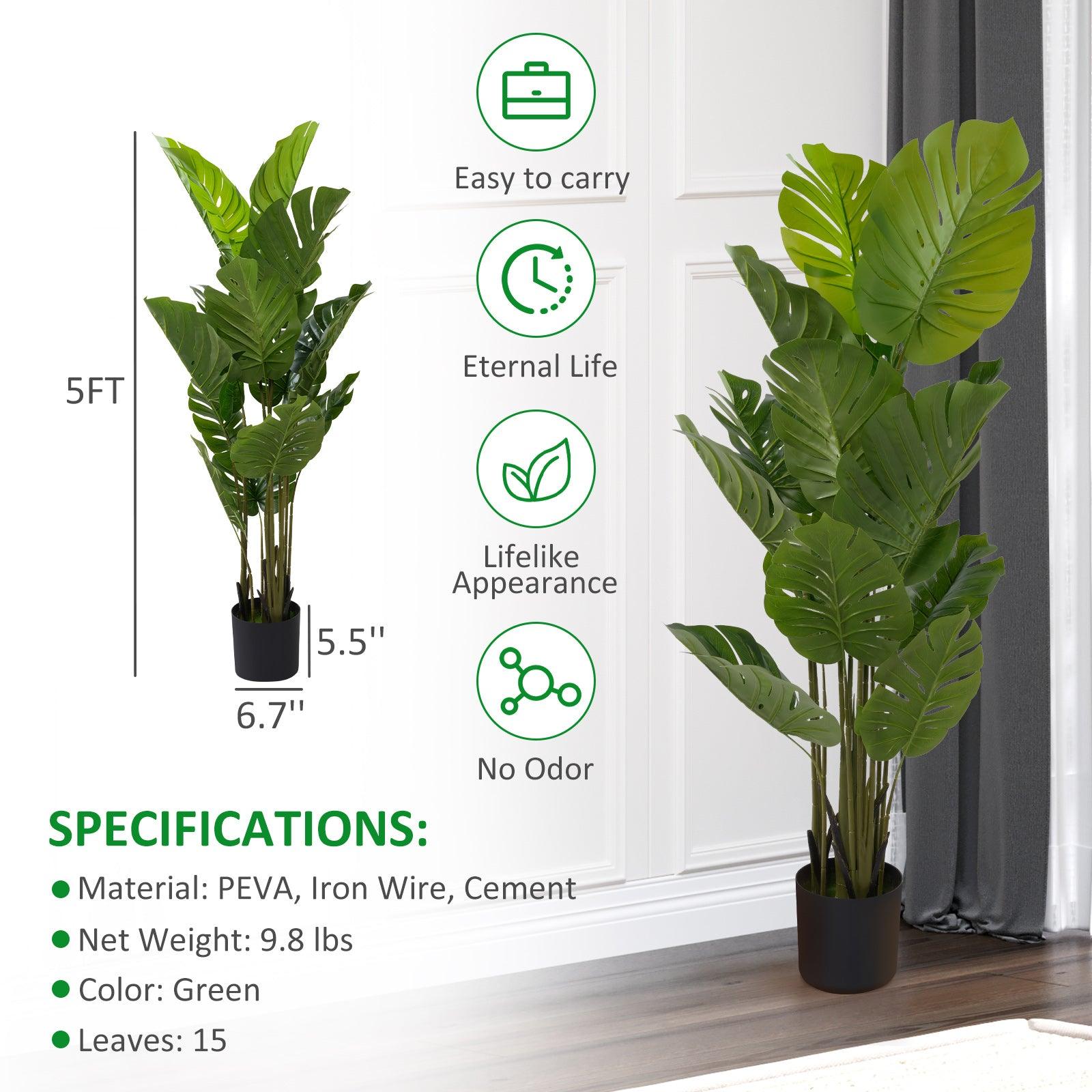 5ft Artificial Monstera Deliciosa Plant with 15 Decorative Leaves Faux Plant with Pot - Luckyermore