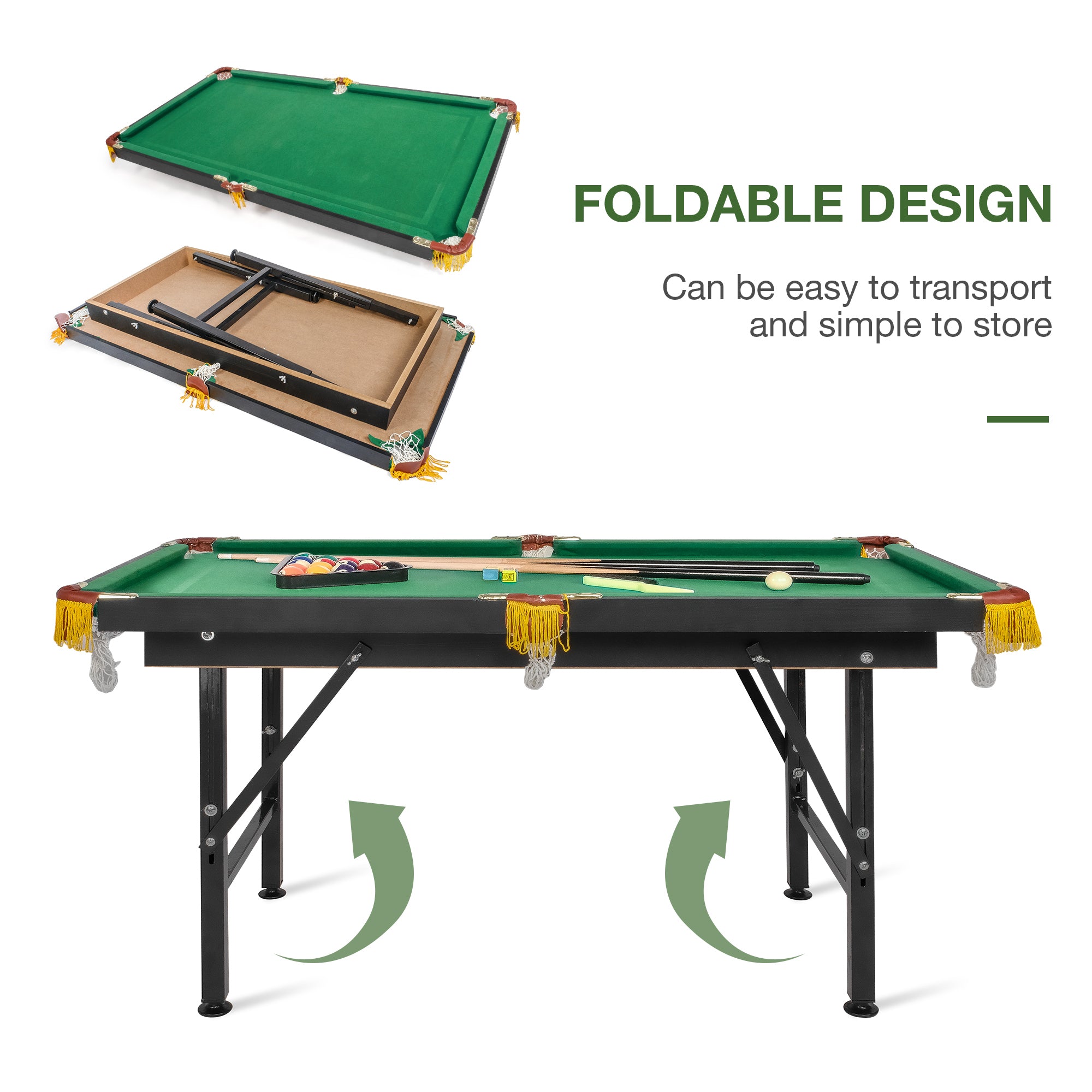 47" Portable Folding Pool Billiard Table 2 Height Adjustable Game Table for Kids, Green