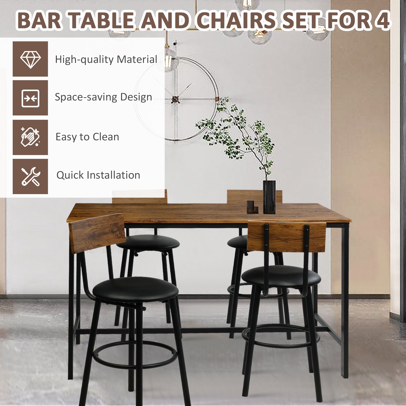 5 Piece Dining Bar Table Set, 1 Bar Table 47.3" for 4 with 4 Upholstered Bar Stools