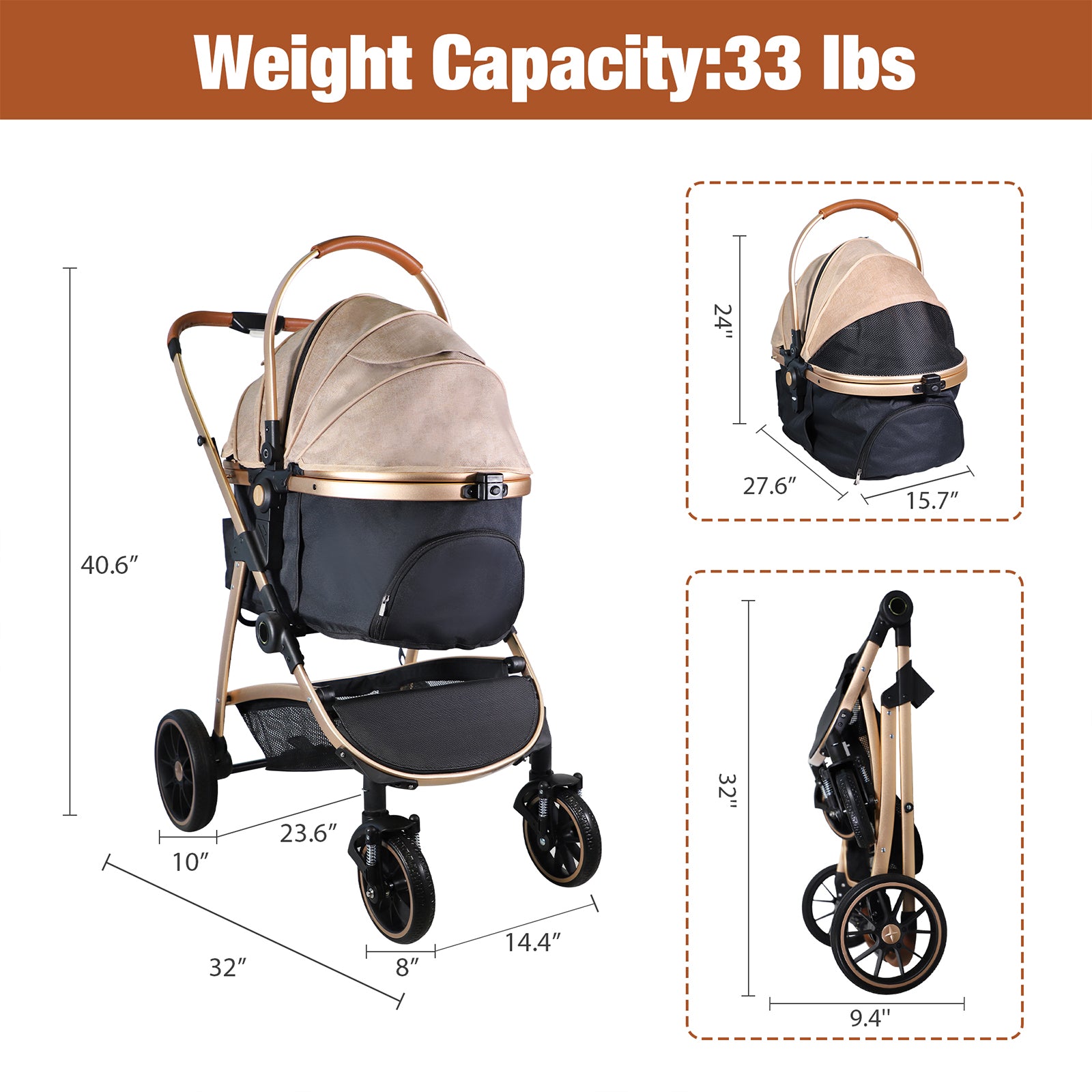 3 in 1 Travel Dog Stroller Pet Carrier with Detachable Carrier & Adjustable Handle, Gold