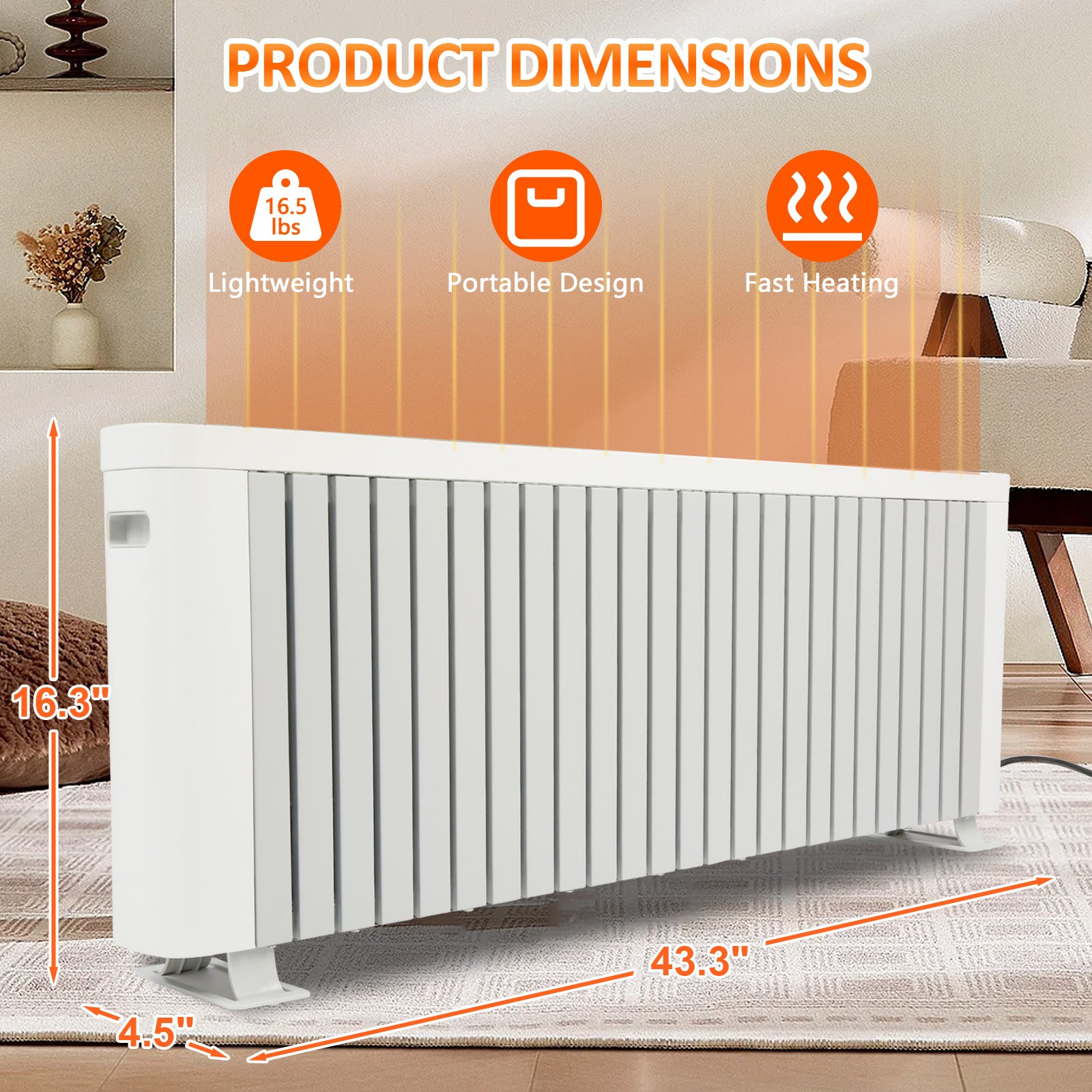 1500W Electric Baseboard Heater Large Room Space Heater with Silent Operation