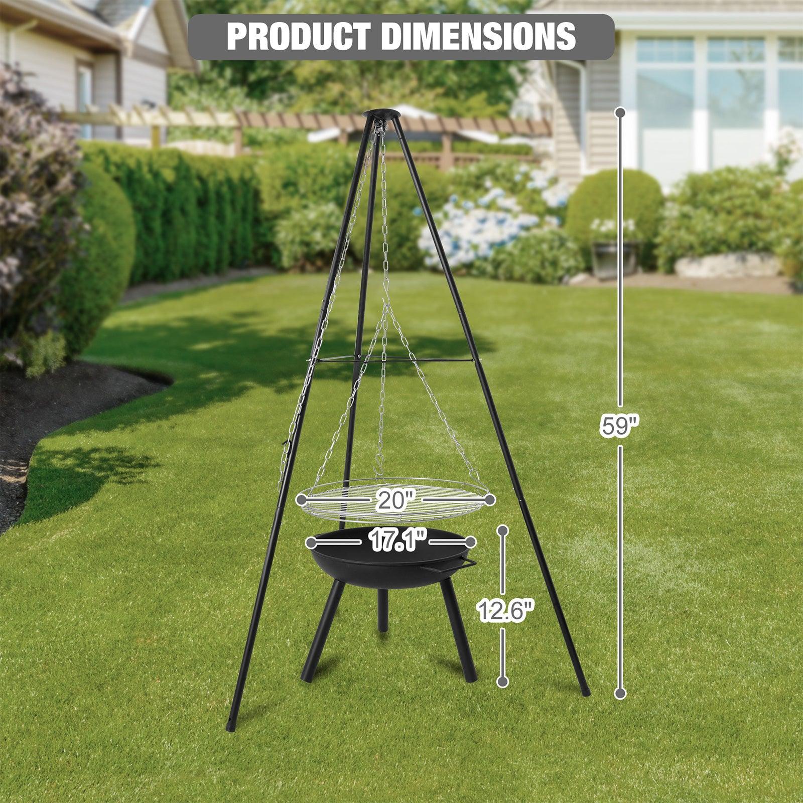 Outdoor Fire Pit Tripod Cooking Grill Height Adjustable Tripod with Round Grill Grate - Luckyermore