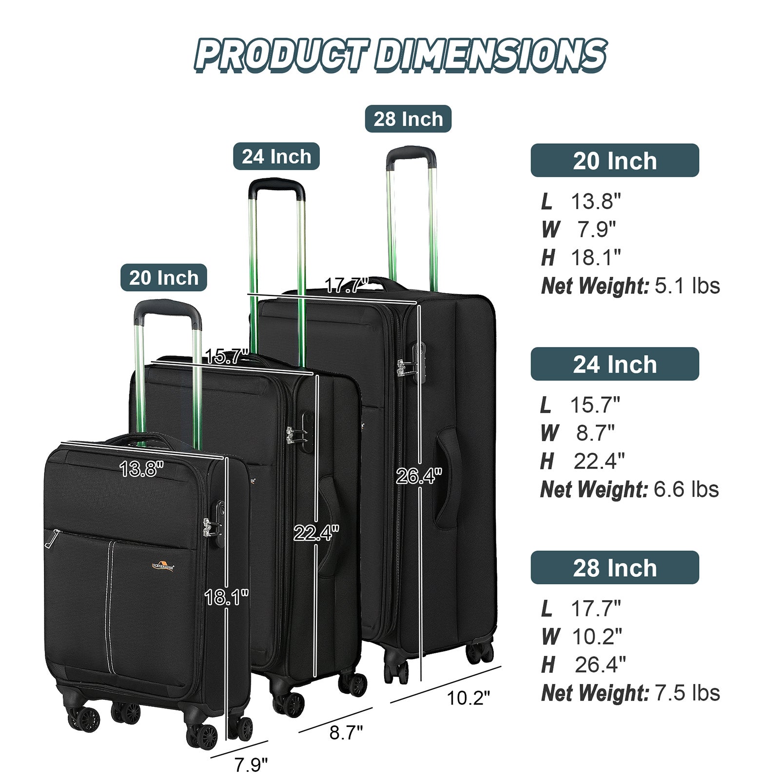 3-Piece Luggage Sets 20"/24"/28" with Wheels and Smooth Trolley Lightweight Expandable Suitcase Set, Black