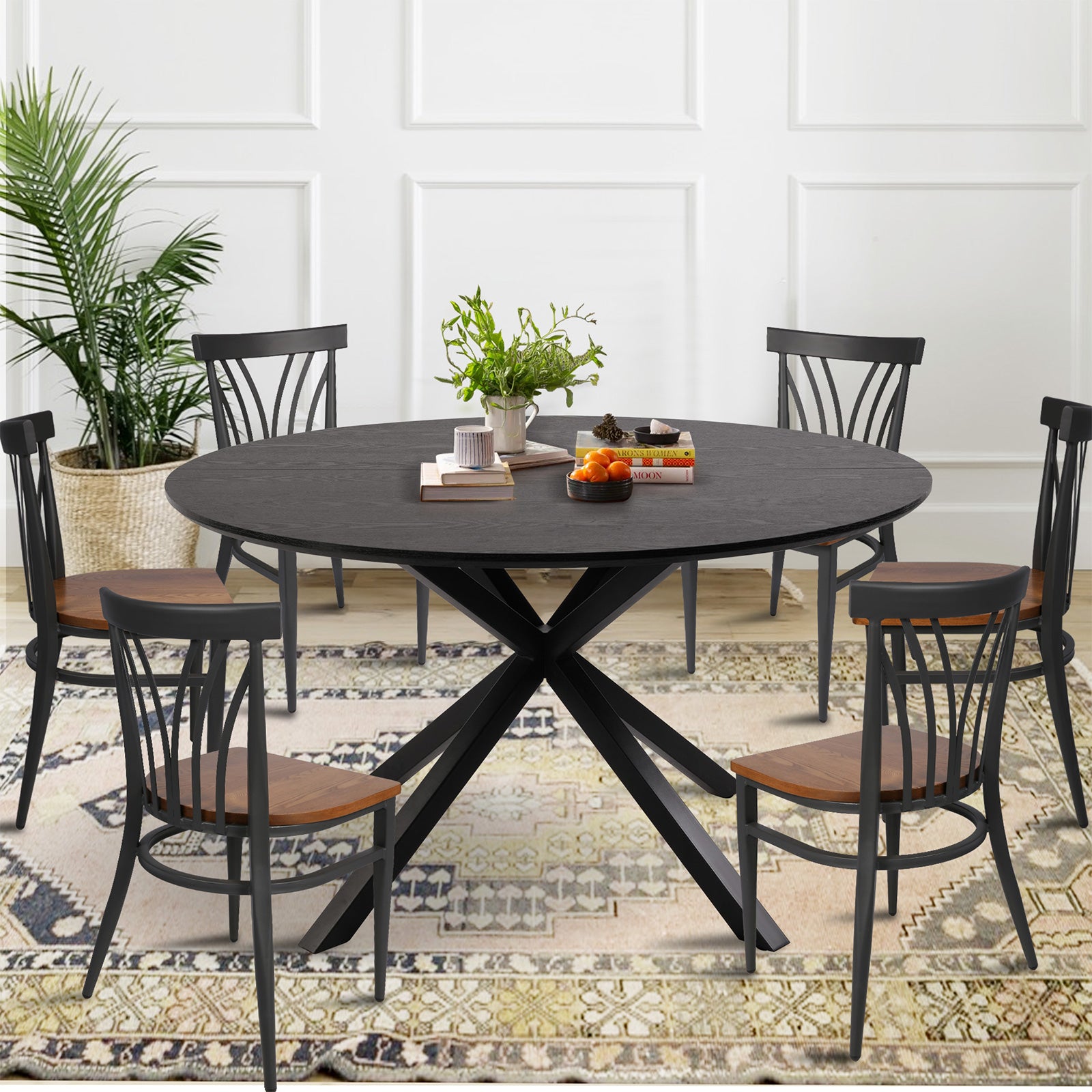 53" Round Mid-Century Modern Wooden Kitchen Dining Table for 4-6 with Solid Metal Leg, Black Wood Grain
