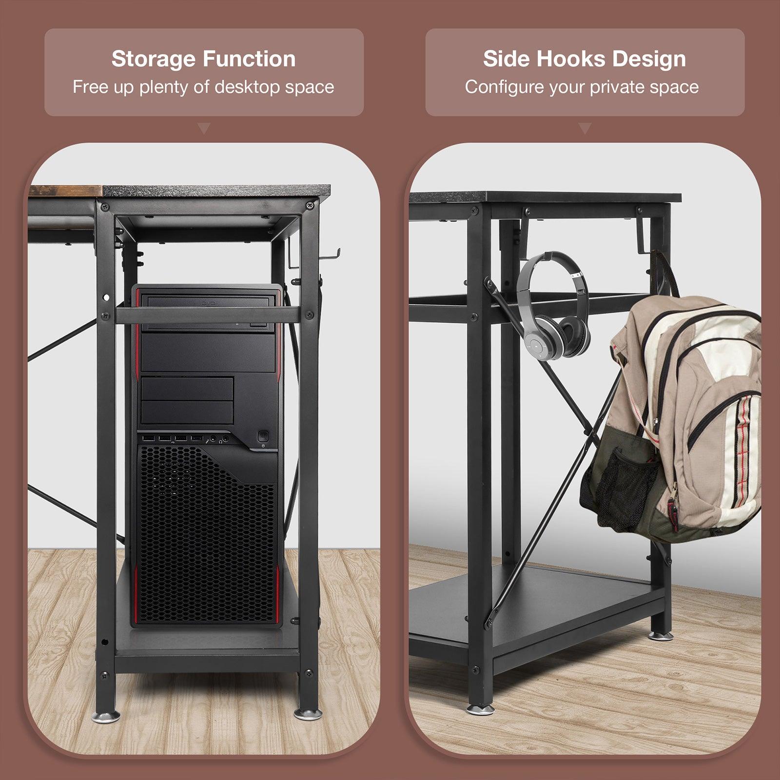 47.2" Home Office Computer Desk with Storage Shelves and 4 Hooks, Rustic and Black - Luckyermore