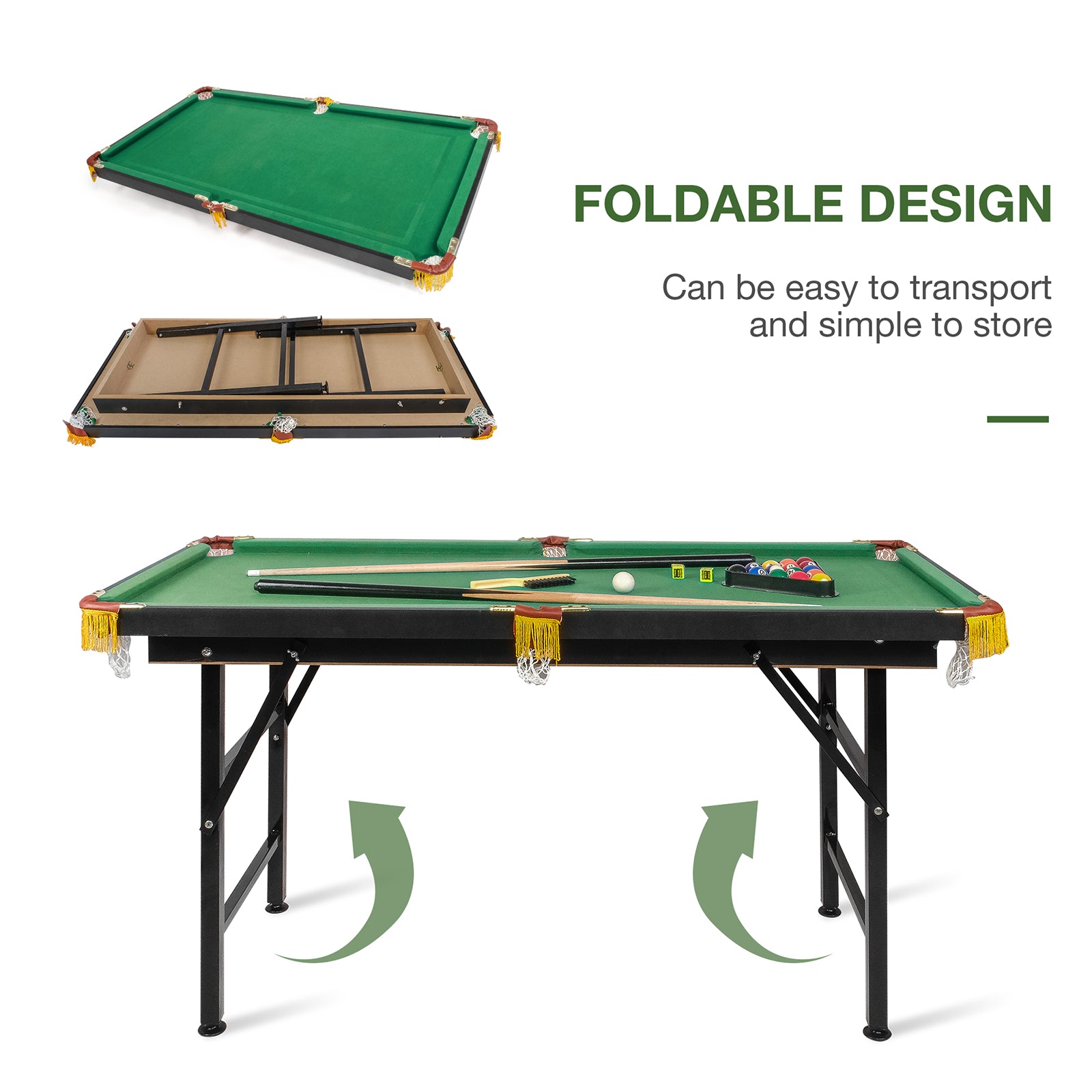 55" Portable Folding Pool Billiard Table Space Saver Game Table for Kids, Green