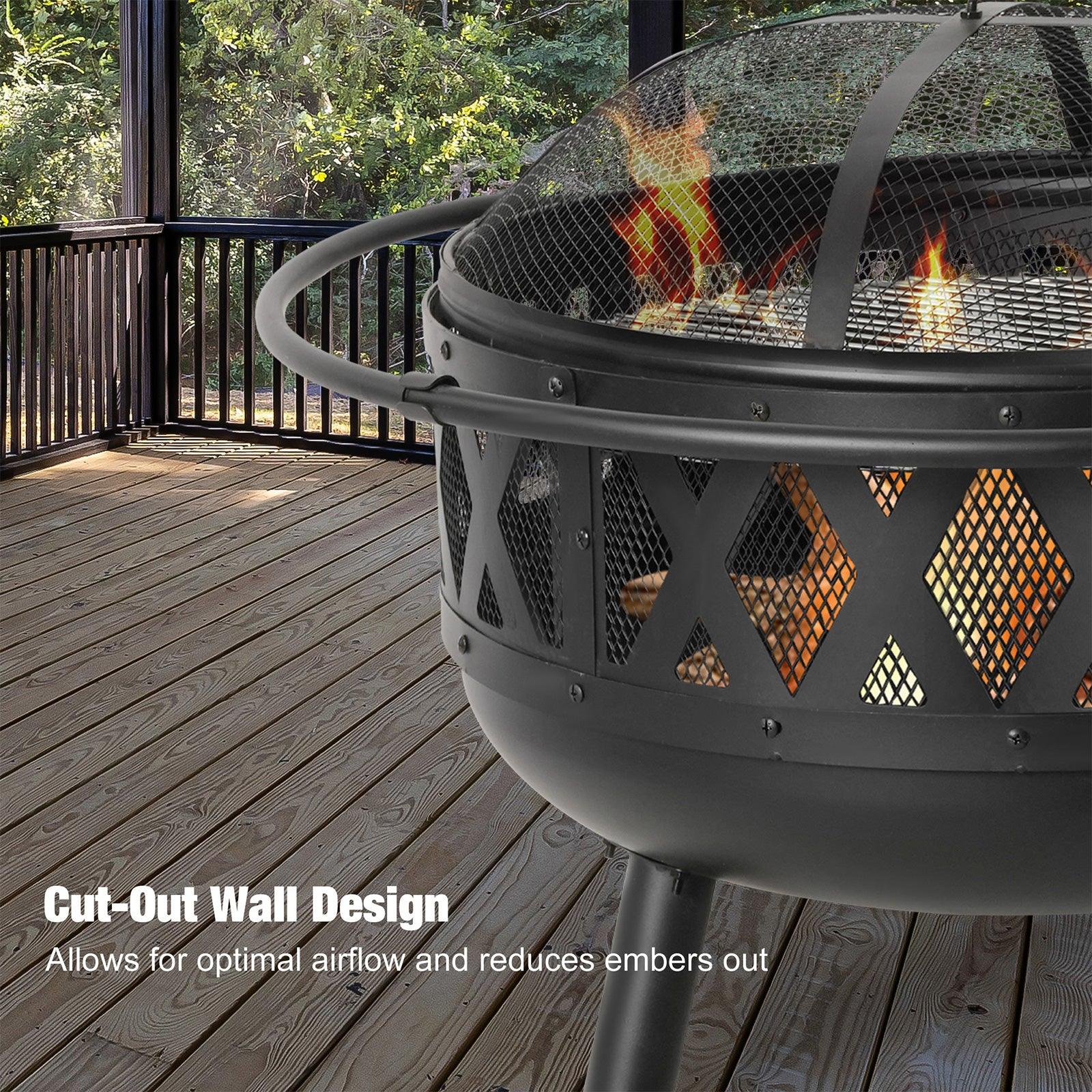 22.8" Round Outdoor Wood Burning Fire Pit with Steel BBQ Grill, Spark Screen and Poker - Luckyermore