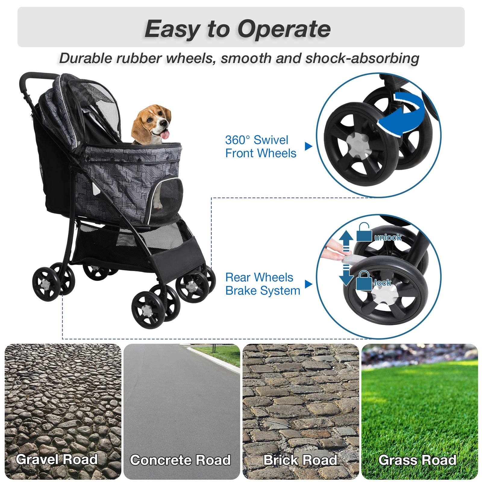 Lightweight Foldable Travel Carriage Pet Stroller with Storage Basket Breathable Mesh, Black
