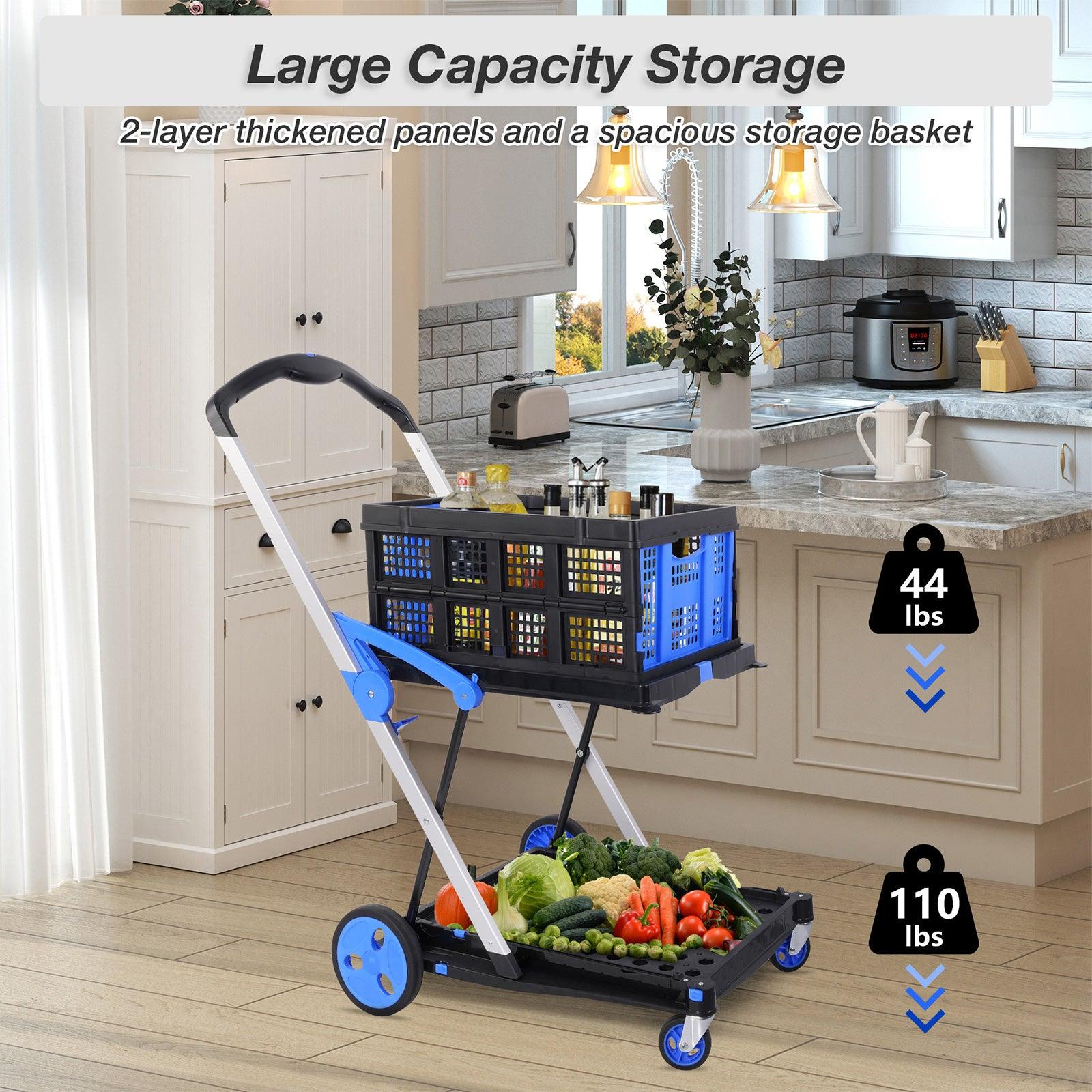 2-Tier Multi-Functional Collapsible Carts Foldable Trolley with Storage Crate Rolling Swivel Wheels - Luckyermore