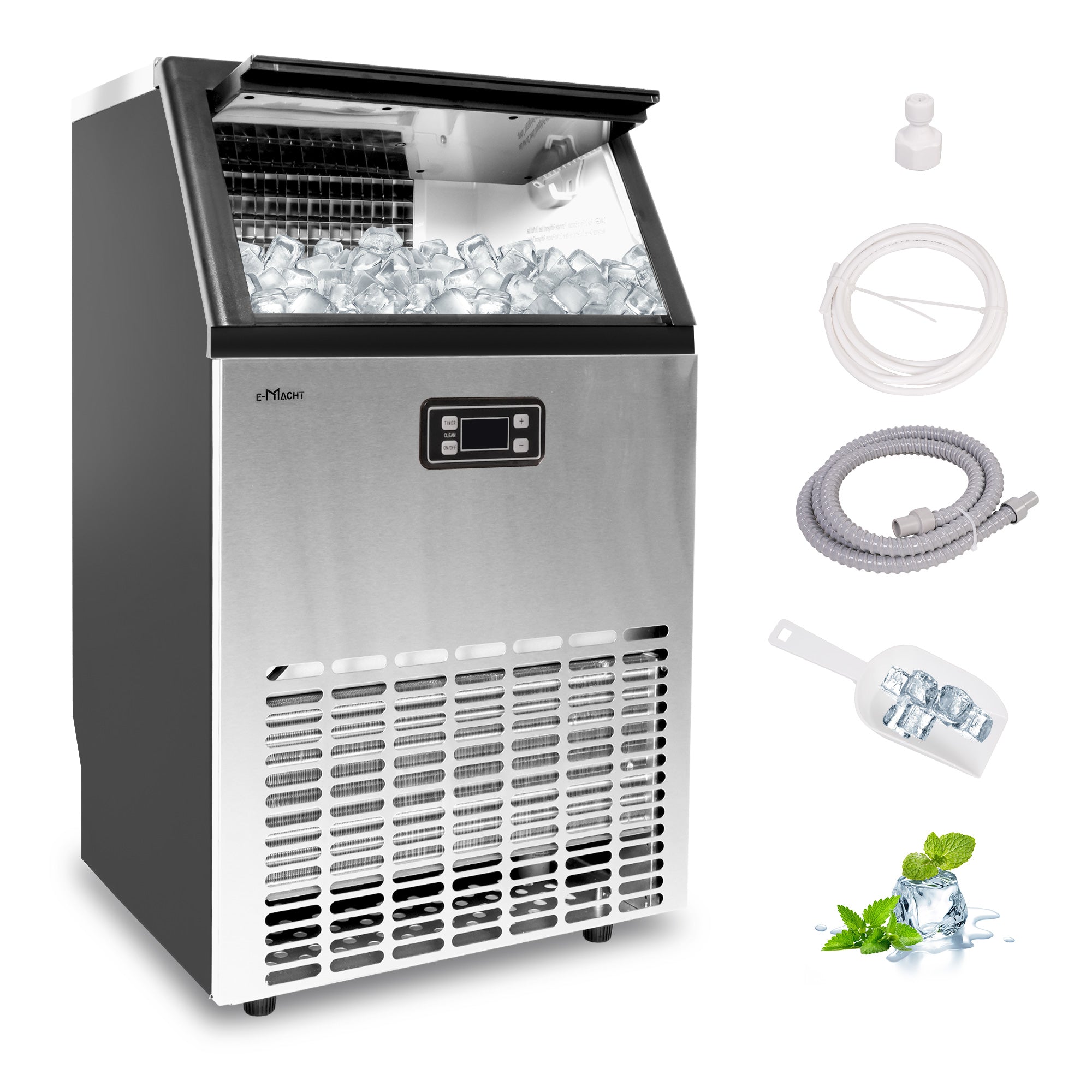 Luckyermore 100lbs/24H Ice Maker Machine Stainless Steel Under Counter Ice Machine Freestanding Ice Maker