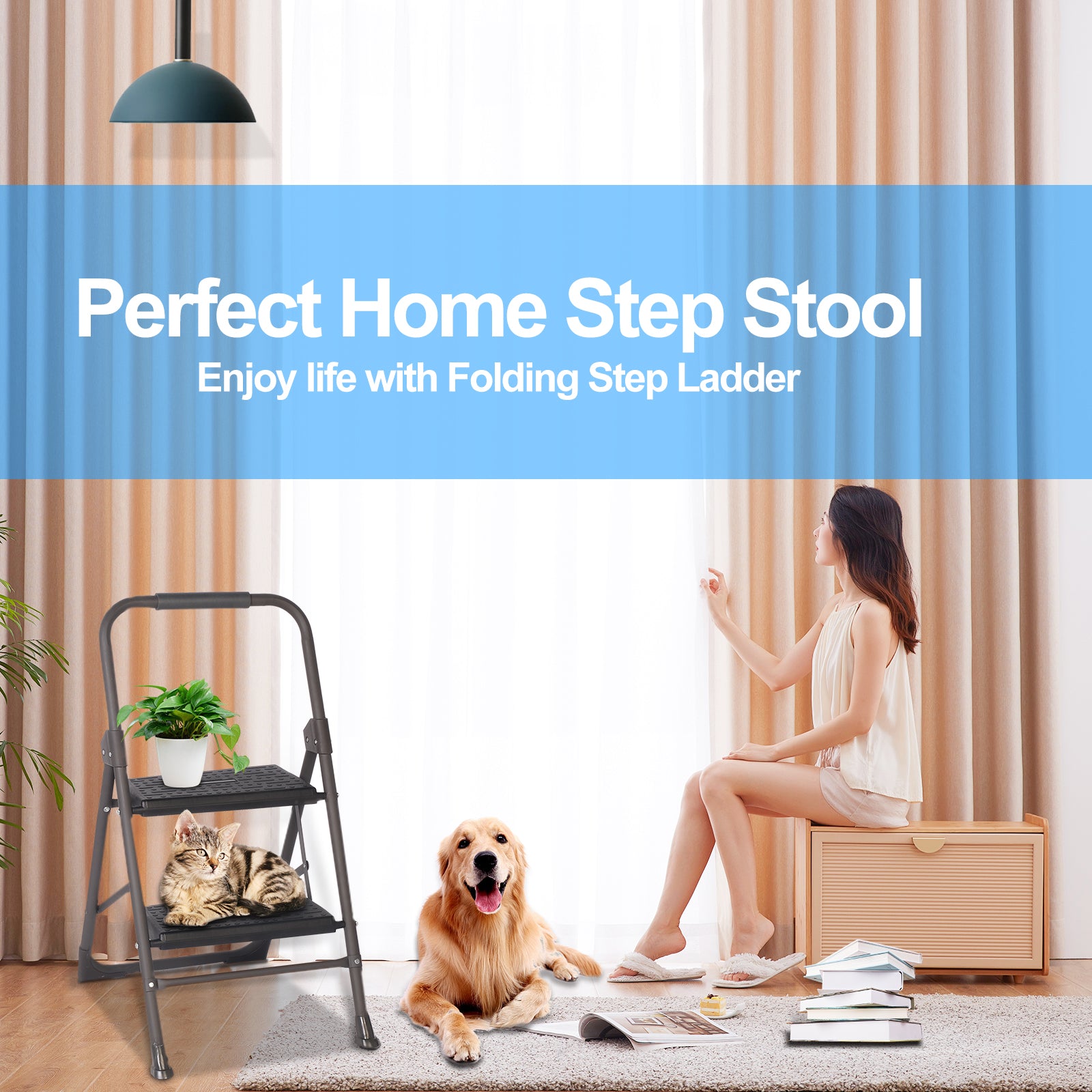 2 Step Portable Folding Ladder Step Stool with Wide Anti-Slip Pedal and Handgrip