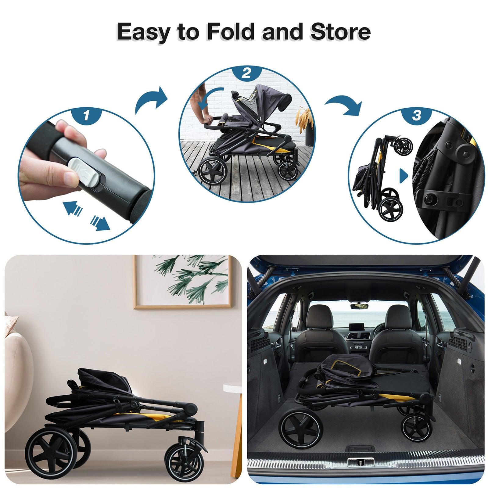 LUCKYERMORE Foldable Pet Stroller Travel Carrier with Storage Pocket, Breathable Mesh, Gray and Yellow