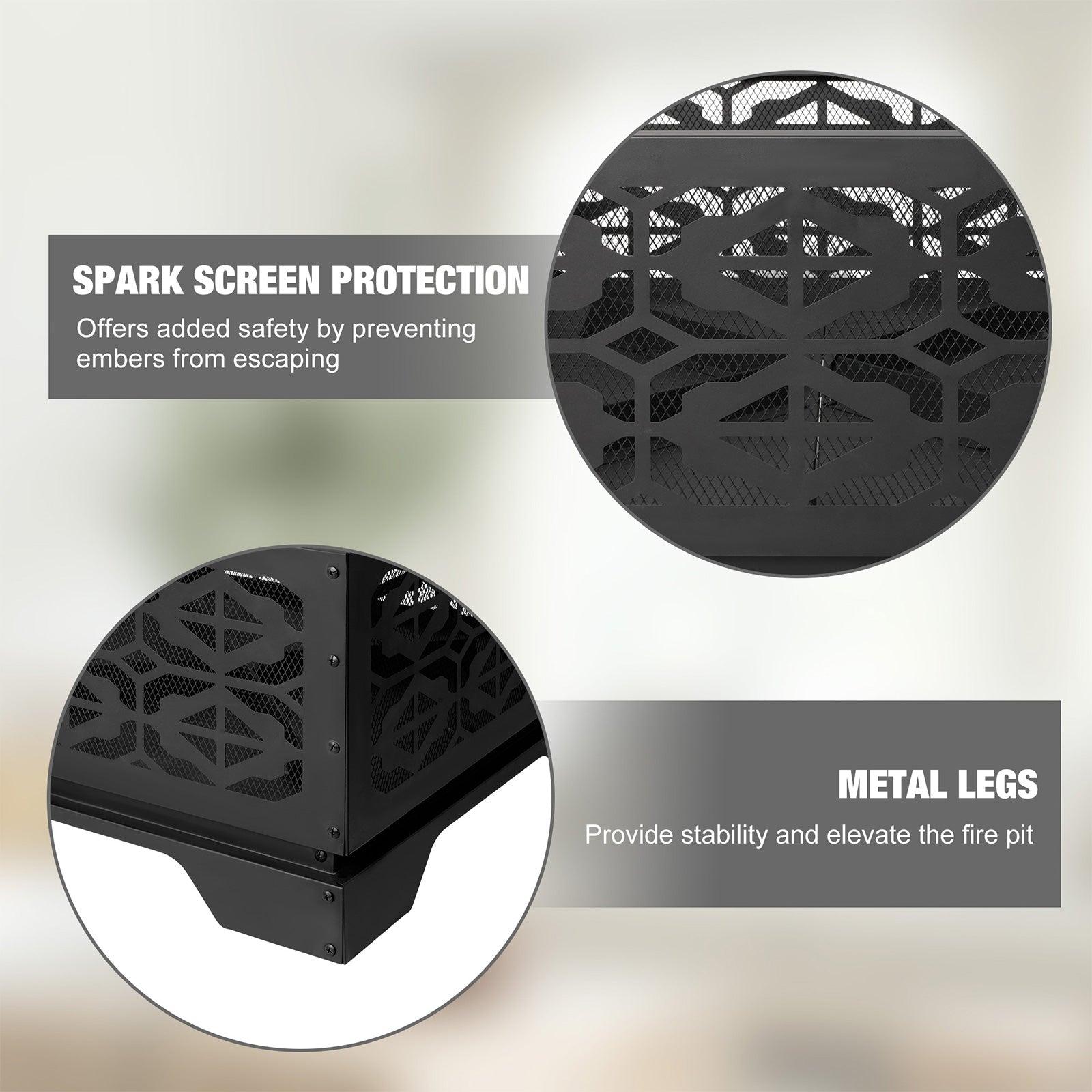 26" Square Outdoor Wood Burning Fire Pit with Steel BBQ Grill, Spark Screen and Poker