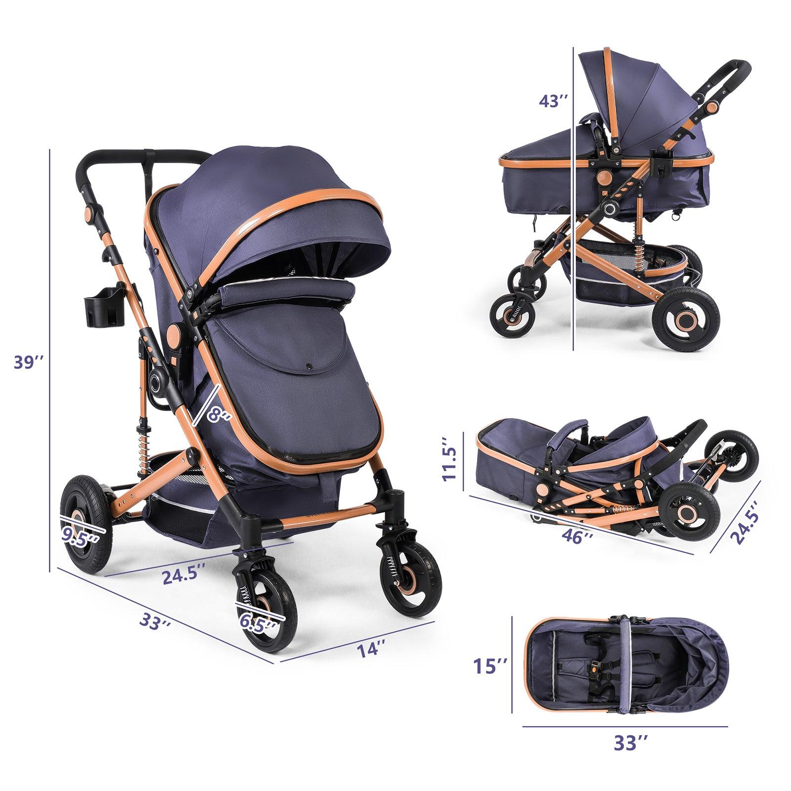 2 in 1 Baby Stroller Newborn Reversible Bassinet Pram Foldable Pushchair with Adjustable Canopy, Navy Blue - Luckyermore