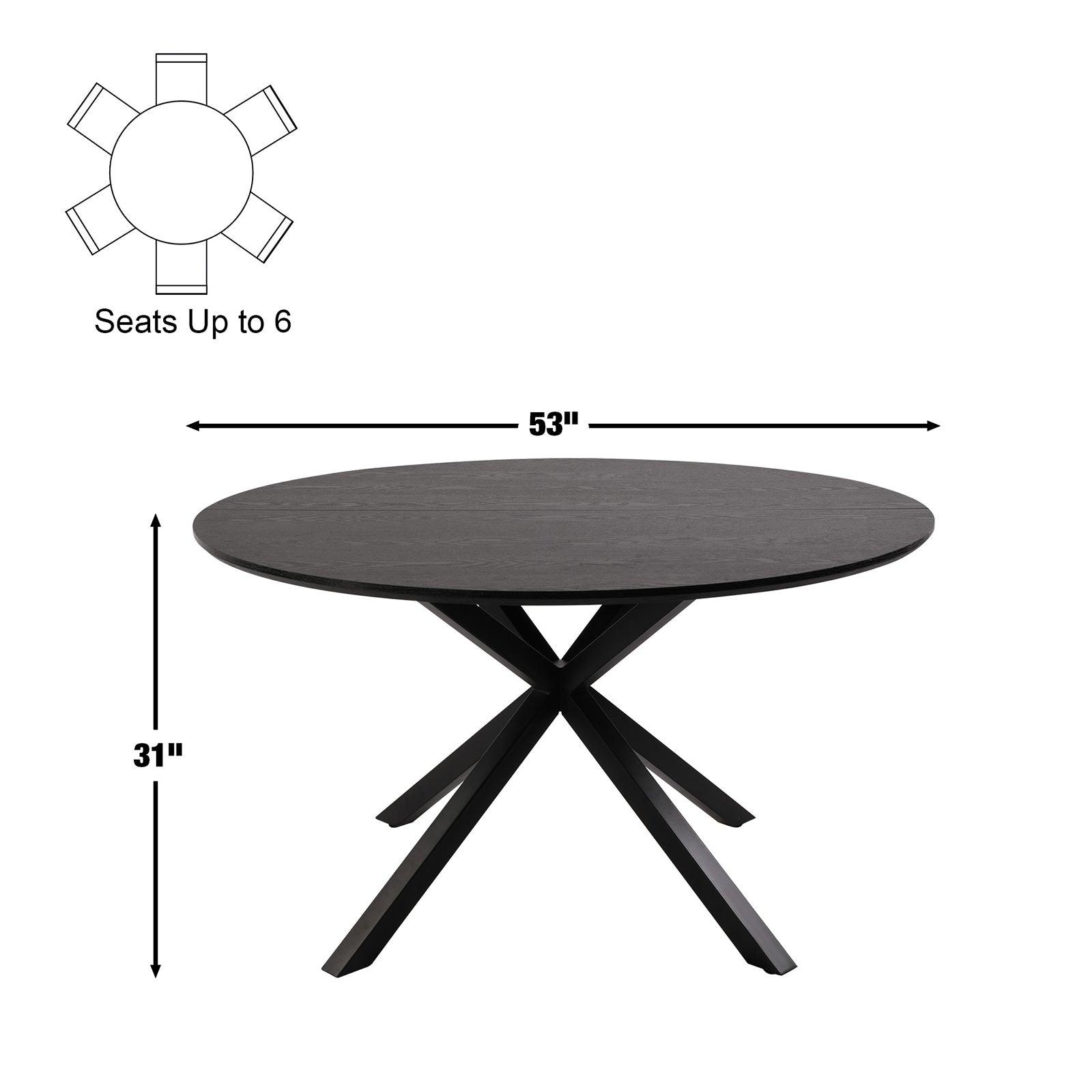 53" Round Mid-Century Modern Wooden Kitchen Dining Table for 4-6 with Solid Metal Leg, Black Wood Grain