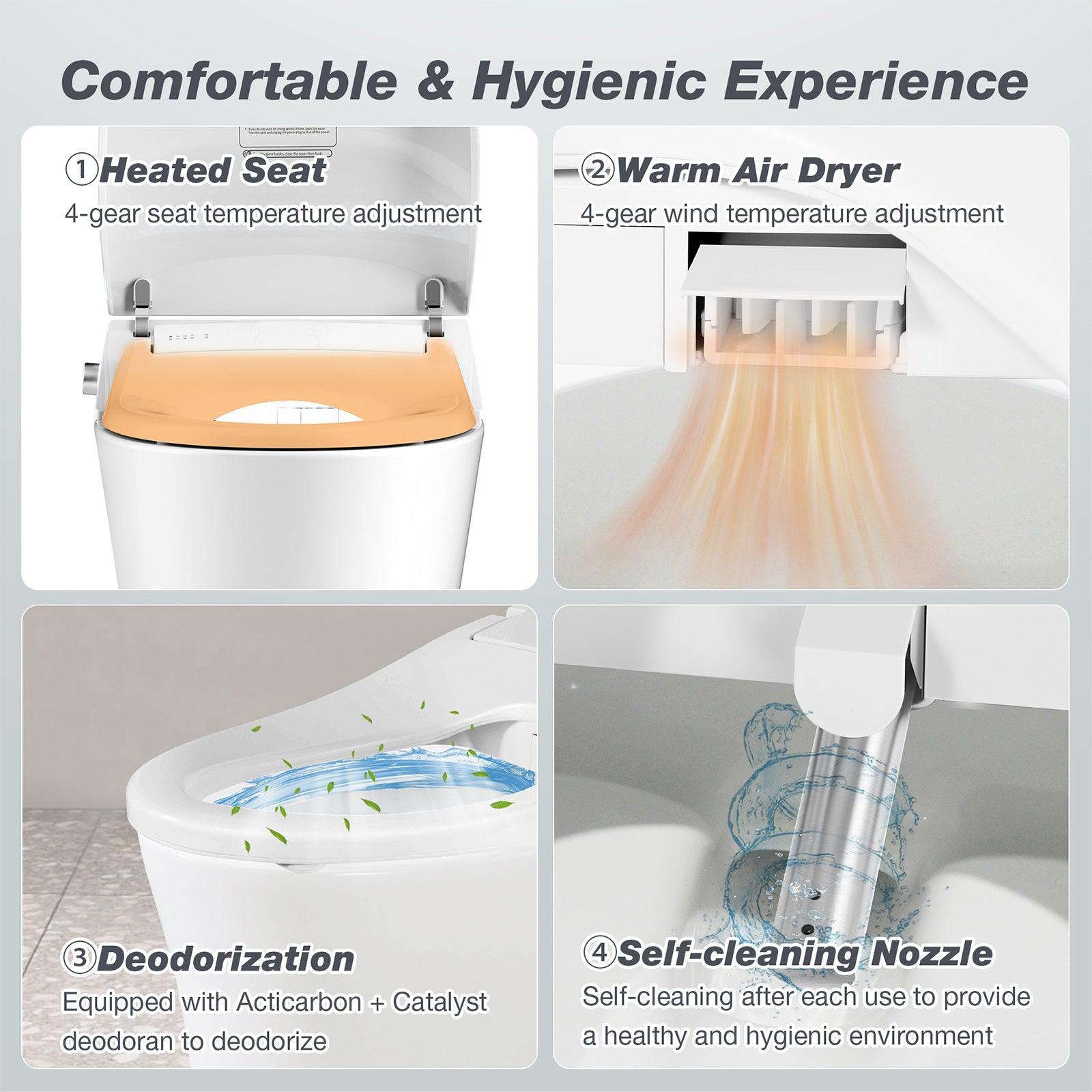 Electronic Smart Toilet Bidet with Heated Seat, Off-Seat Auto Flushing & Dryer, One Piece Bidet with Self-Cleaning Nozzle, LED Night Light - Luckyermore