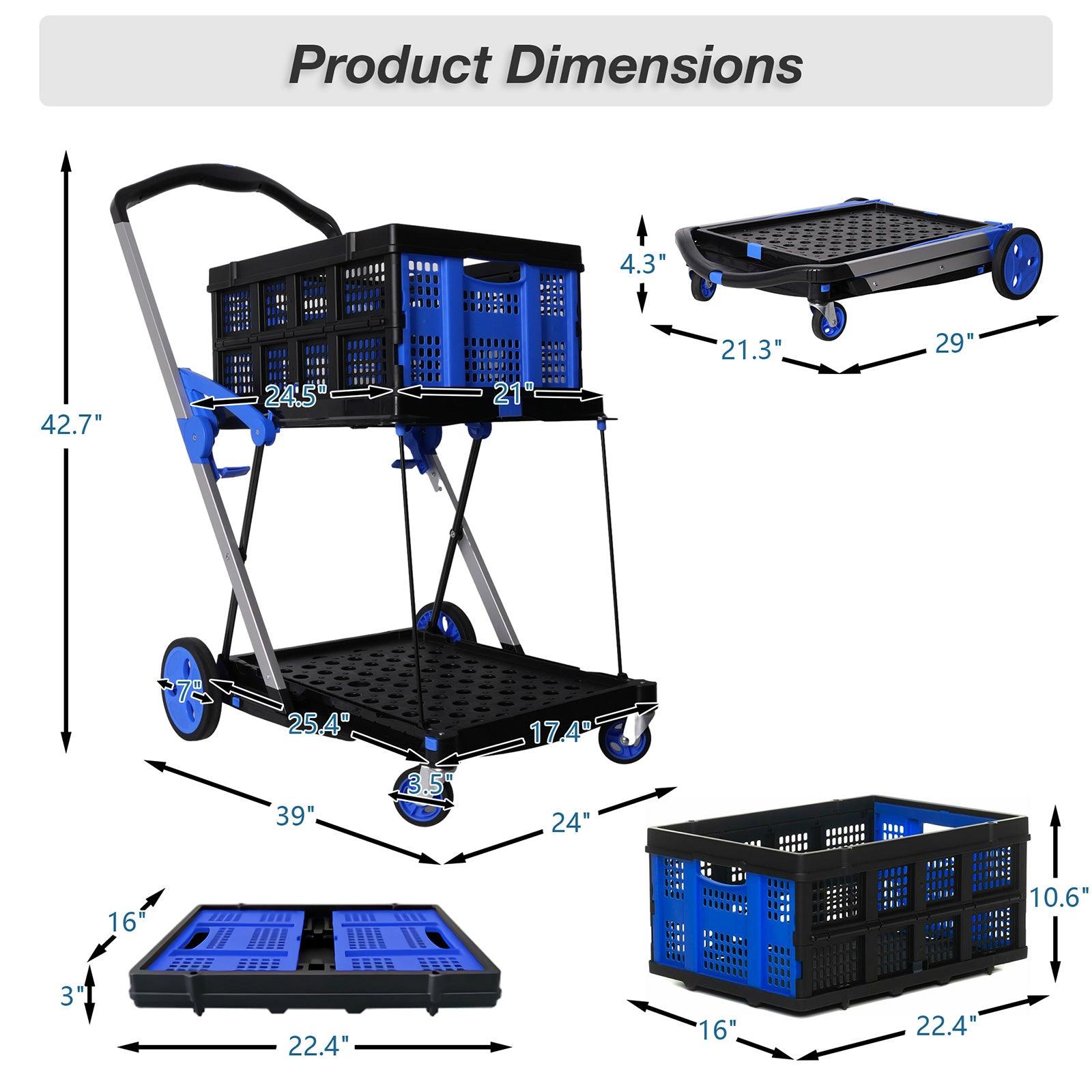 2-Tier Multi-Functional Collapsible Carts Foldable Trolley with Storage Crate Rolling Swivel Wheels - Luckyermore