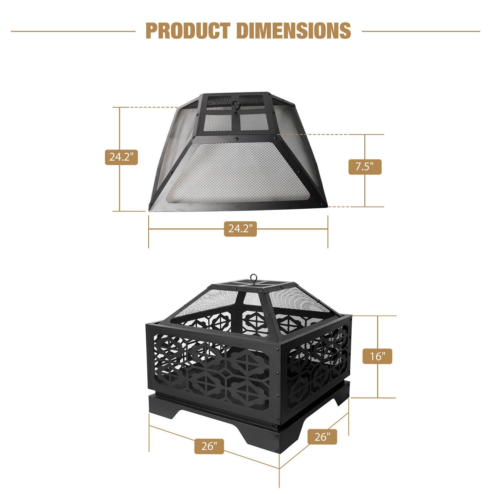 26" Square Outdoor Wood Burning Fire Pit with Steel BBQ Grill, Spark Screen and Poker