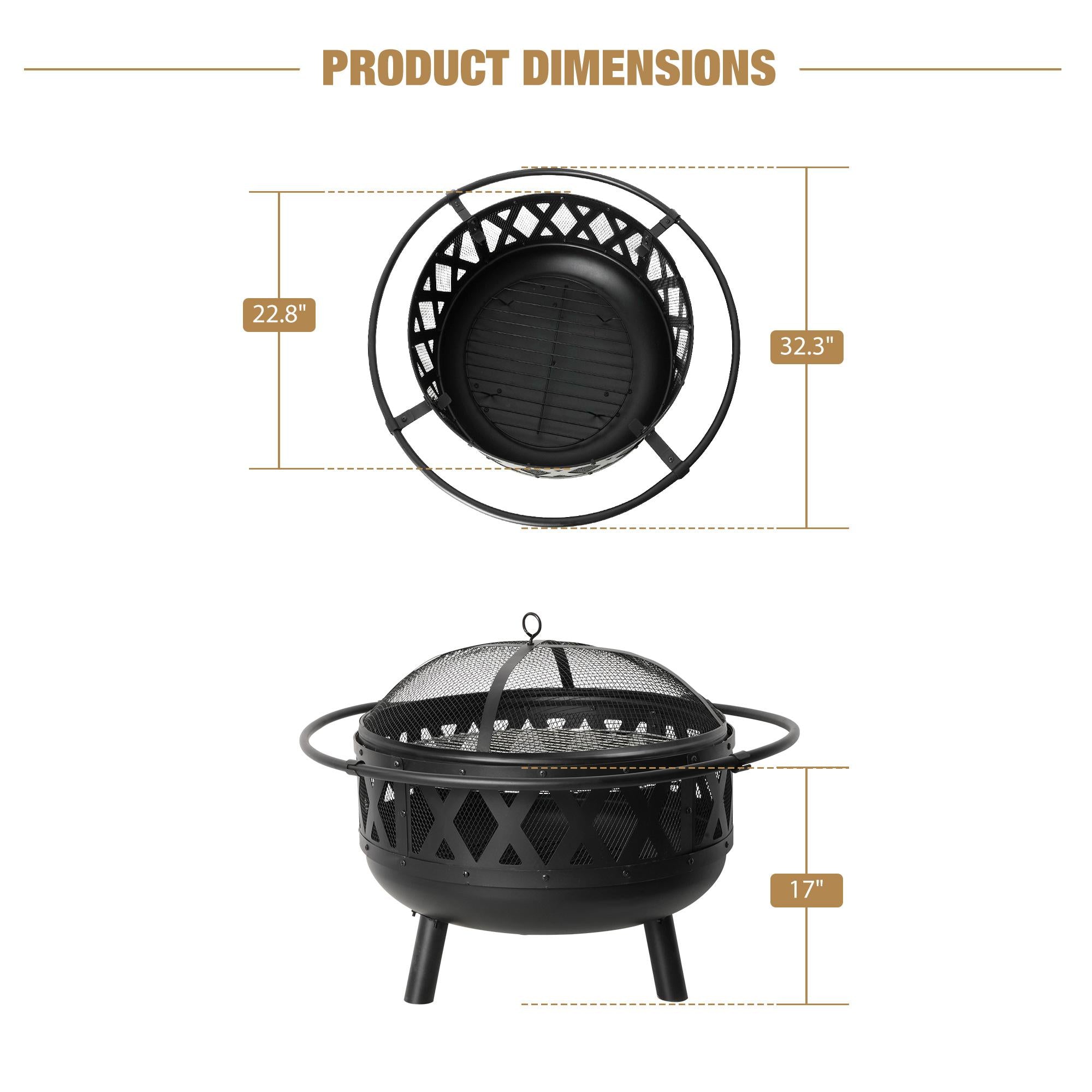22.8" Round Outdoor Wood Burning Fire Pit with Steel BBQ Grill, Spark Screen and Poker - Luckyermore