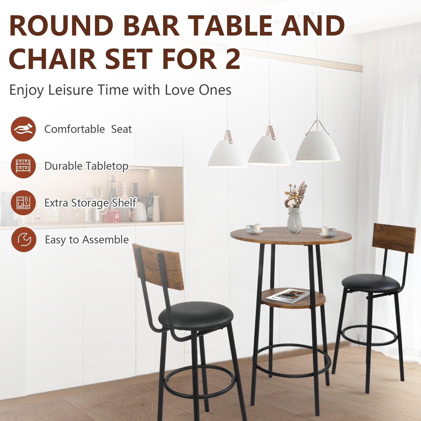 Round Bar Table Set, 2-Tier Table 23.6" for 2 with 2 Upholstered Bar Stools with Backrest