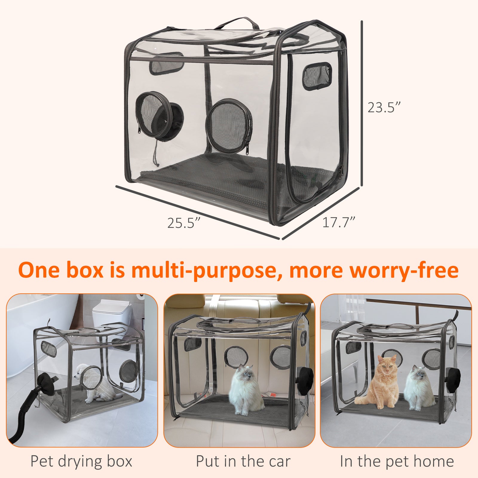 Portable Pet Dryer Box Foldable Dog Crate Dryer Cage with Transparent PVC, Gray