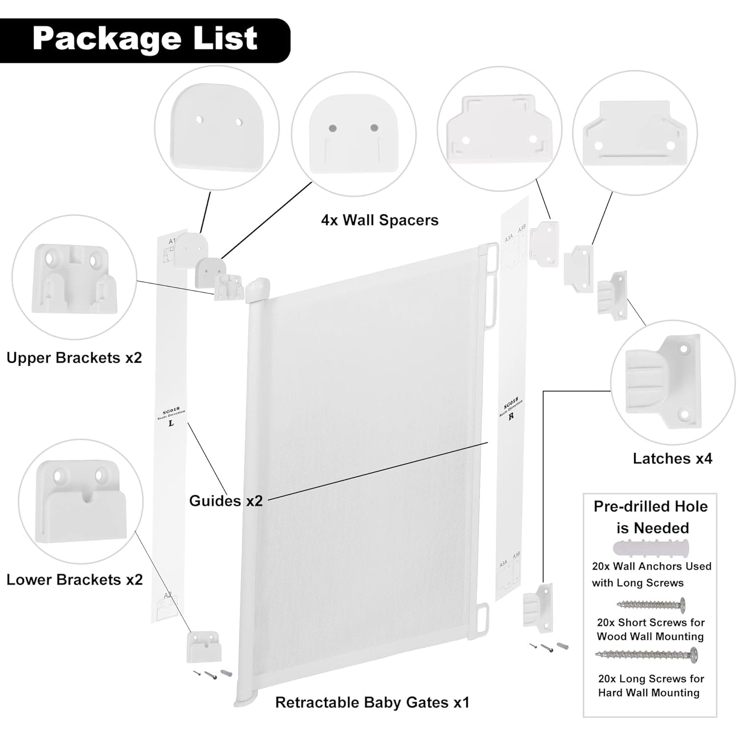 Retractable Mesh Safety Baby Gate Pet Gate 34.4" Tall, Extends up to 59" Wide, White - Luckyermore