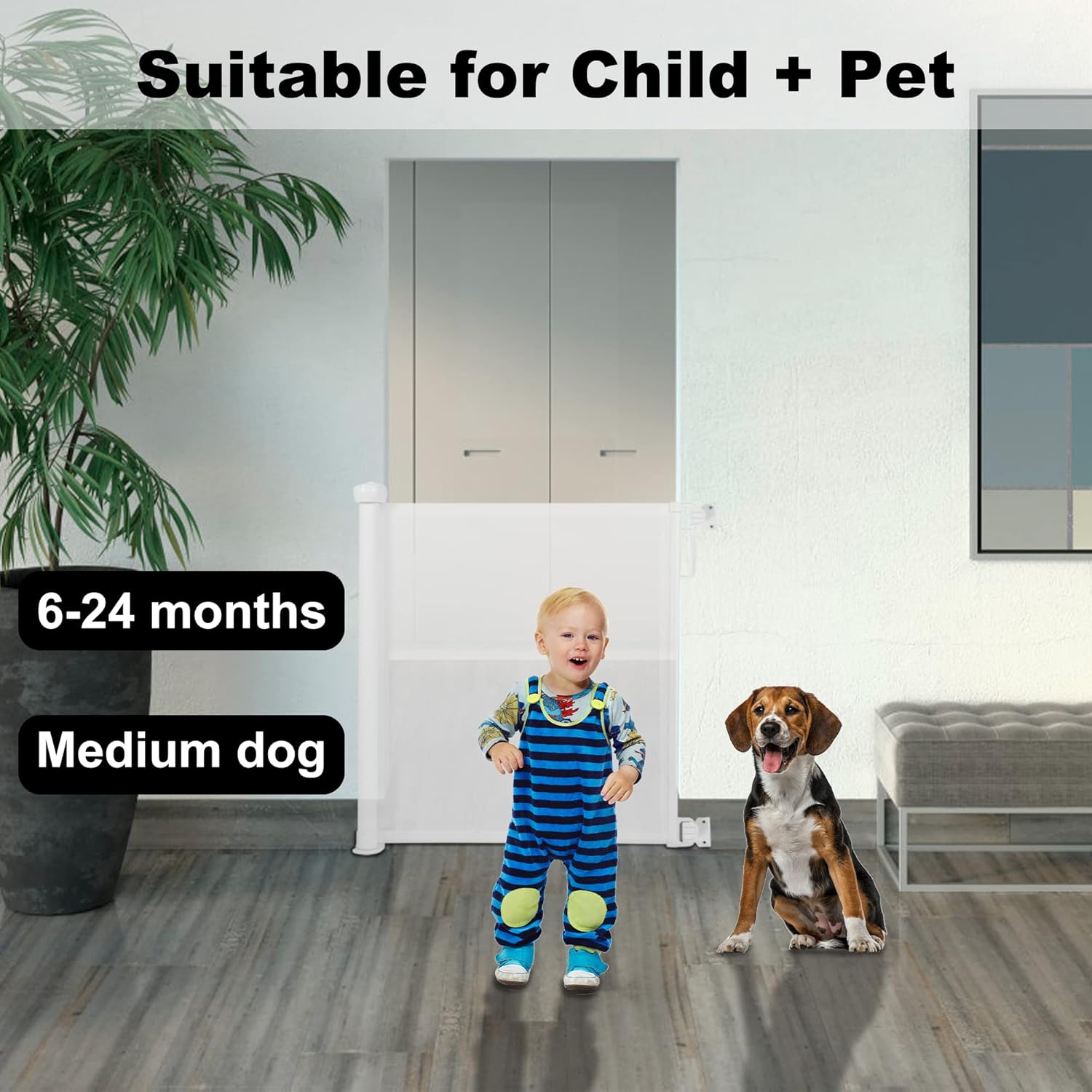 Retractable Mesh Safety Baby Gate Pet Gate 34.4" Tall, Extends up to 59" Wide, White - Luckyermore